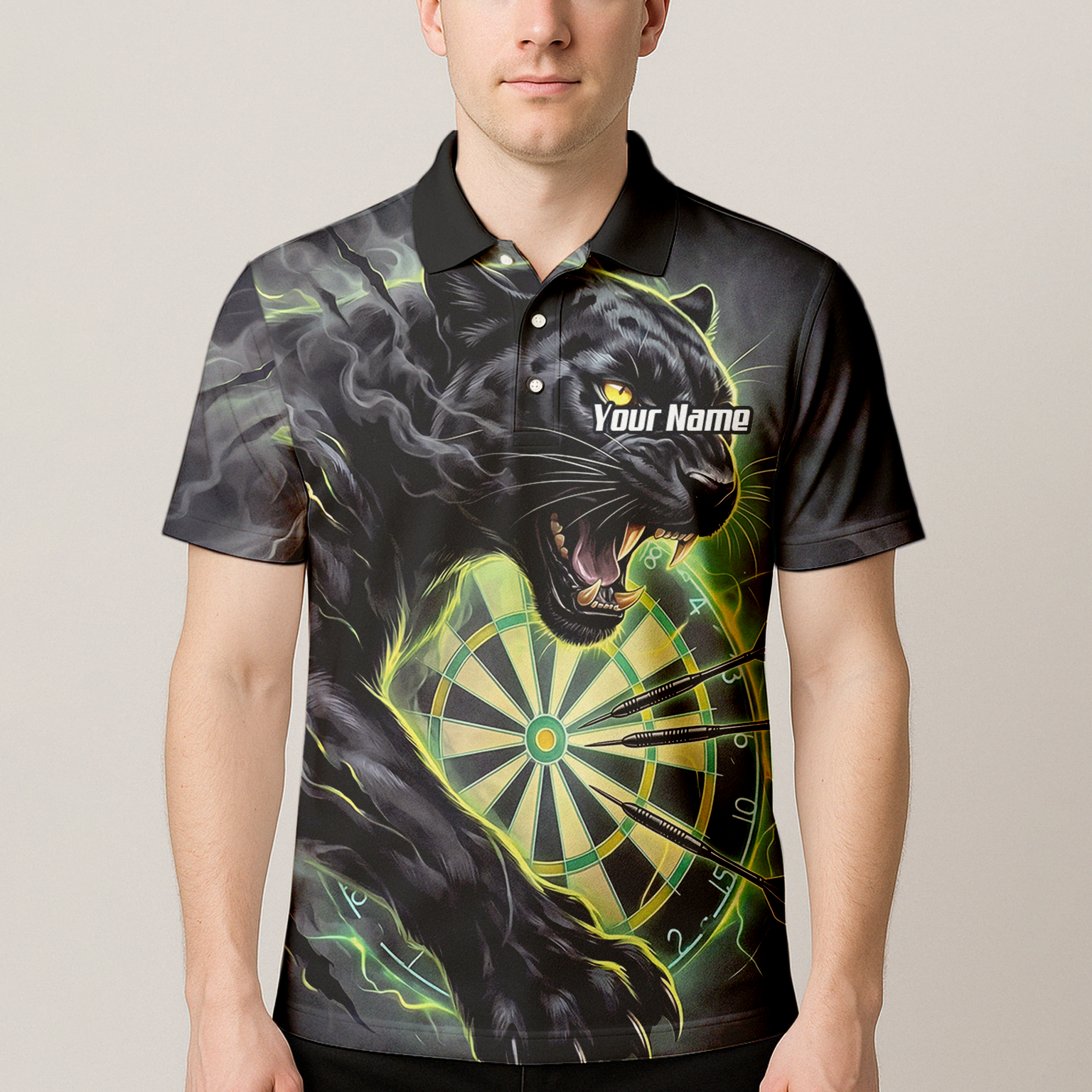 Personalised Black Panther Dart Jersey for Men Custom Neon Green Dartboard Polo Shirt K7905
