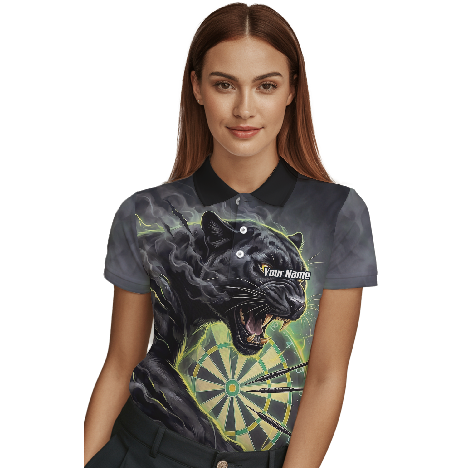 Personalised Black Panther Dart Jersey for Women Custom Neon Green Dartboard Polo Shirt K7905