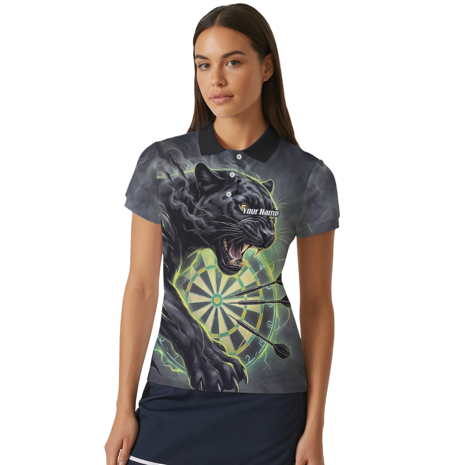 Personalised Black Panther Dart Jersey for Women Custom Neon Green Dartboard Polo Shirt K7905
