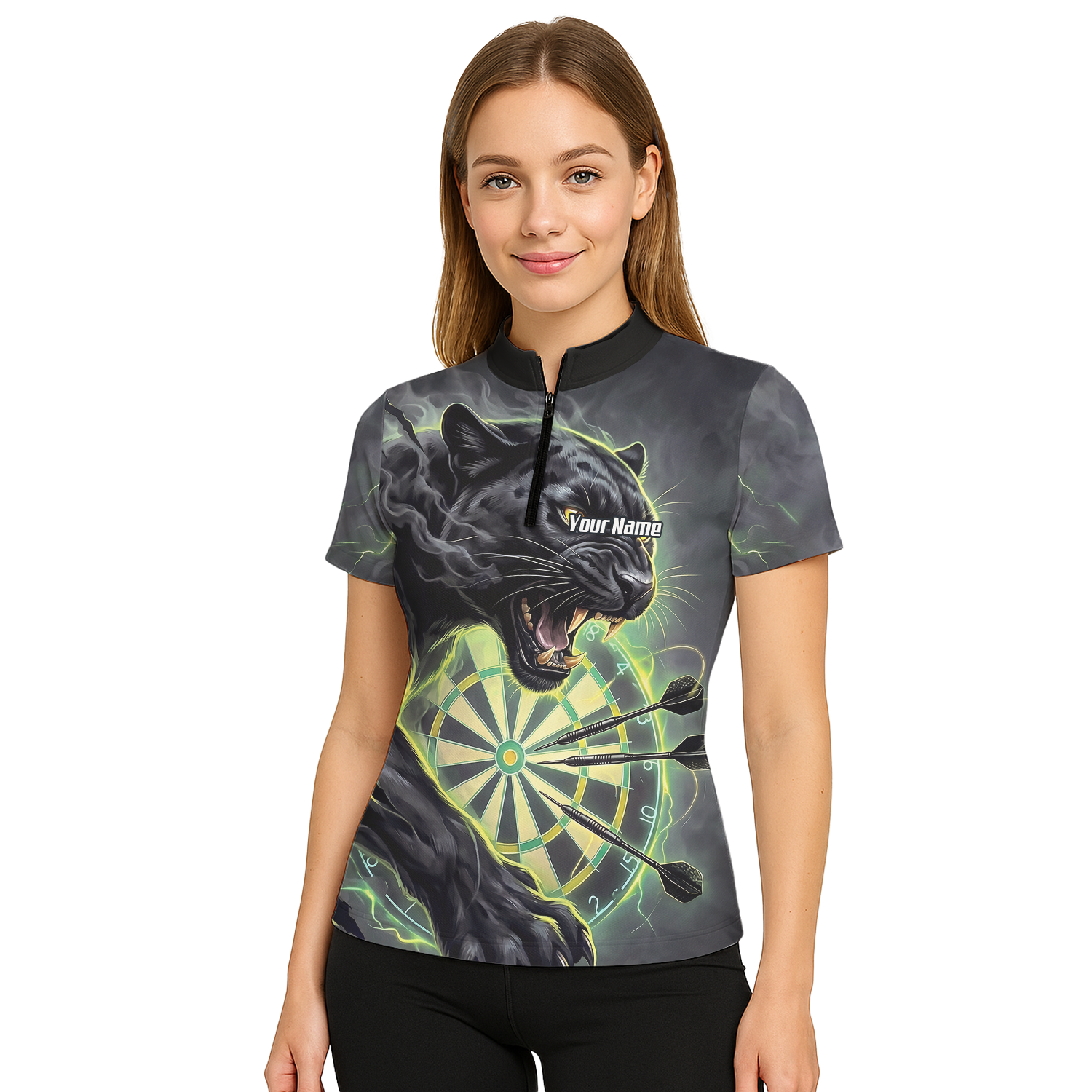 Personalised Black Panther Dart Jersey for Women Custom Neon Green Dartboard Polo Shirt K7905