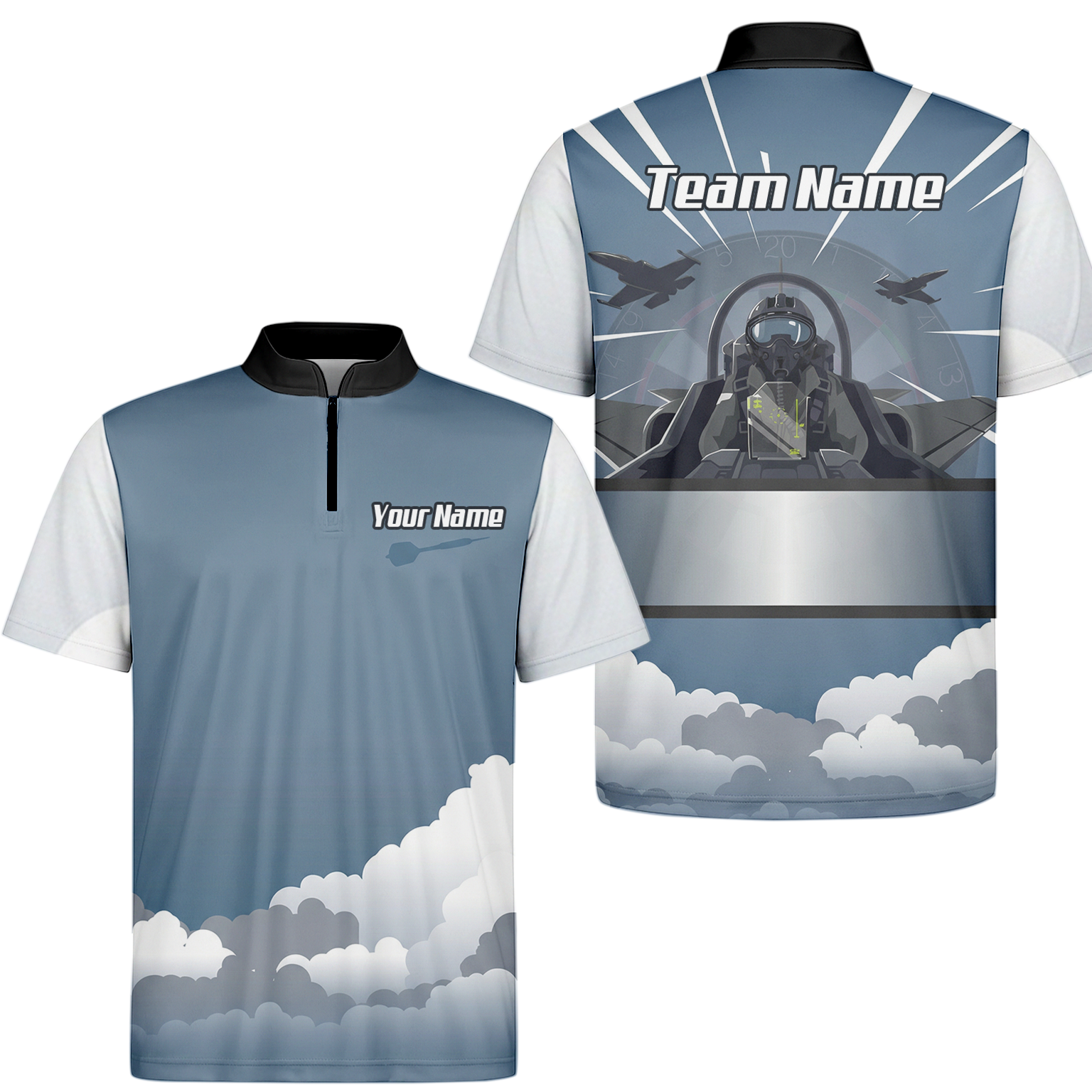 Personalised Fighter Jet Dart Jersey Polo and Zipper Blue Grey White For Men Custom Aviation Pilot Design K8201 - Zipper Yes