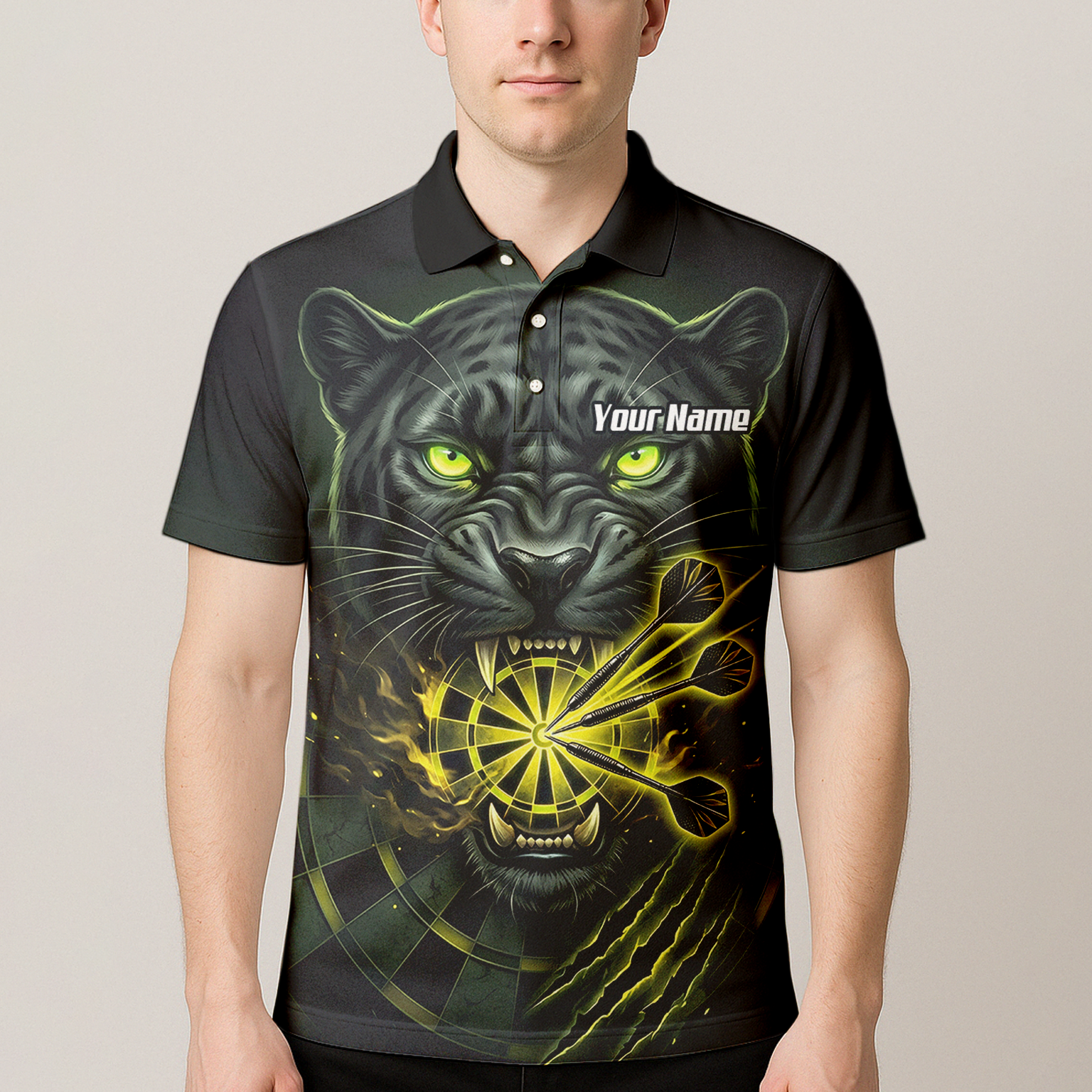 Personalised Black Panther Dart Jersey For Men Custom Name Darts Polo Shirt Green Black K8672