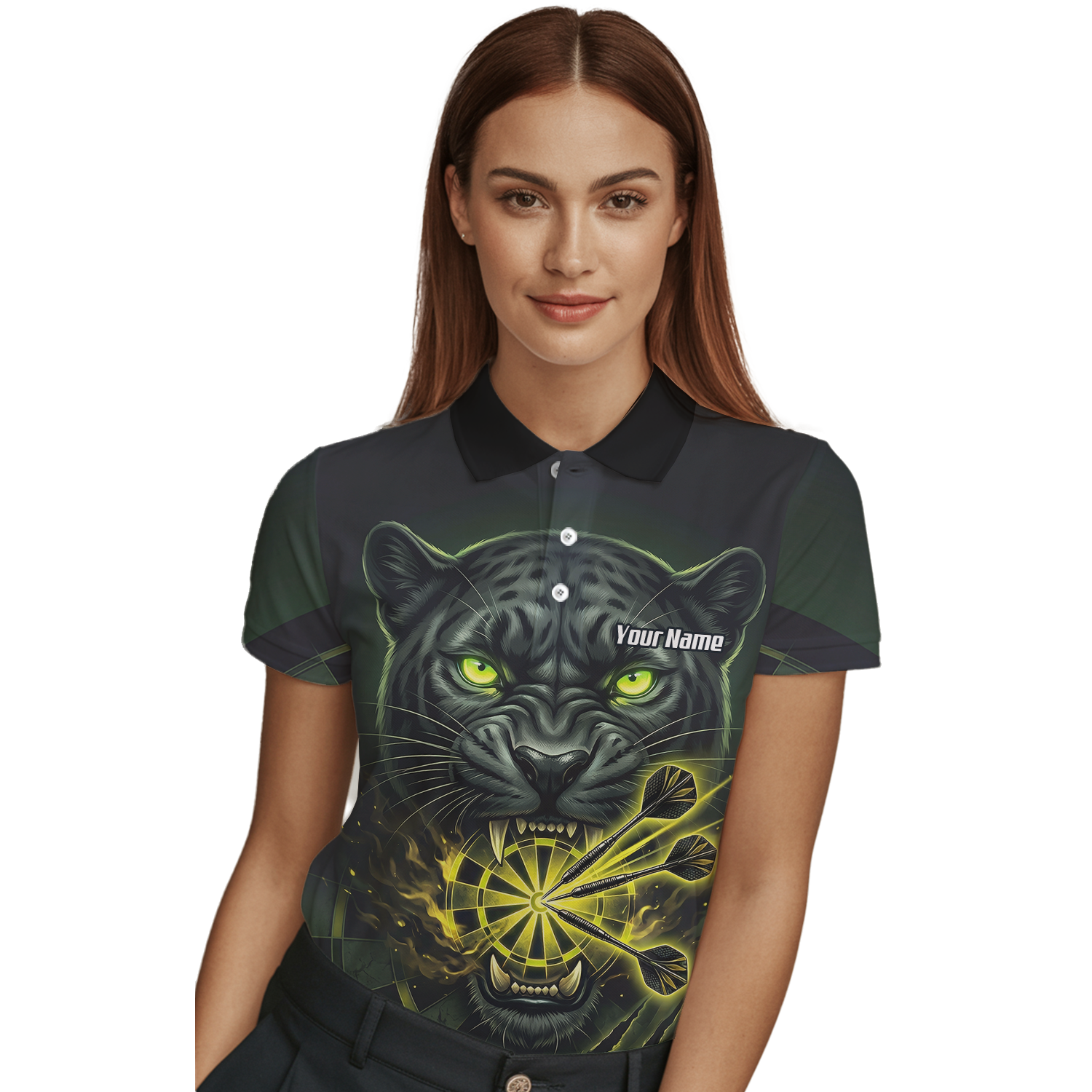 Personalised Black Panther Dart Jersey For Women Custom Name Darts Polo Shirt Green Black K8672