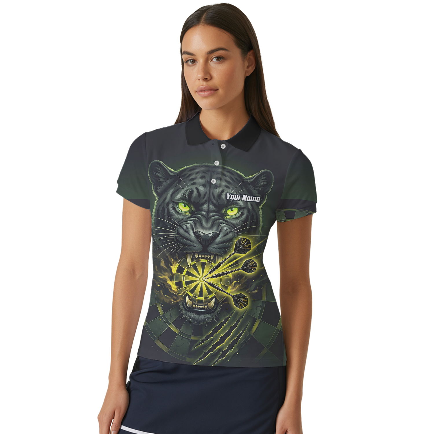 Personalised Black Panther Dart Jersey For Women Custom Name Darts Polo Shirt Green Black K8672