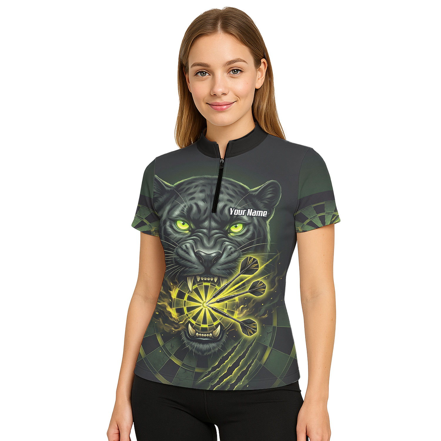 Personalised Black Panther Dart Jersey For Women Custom Name Darts Polo Shirt Green Black K8672