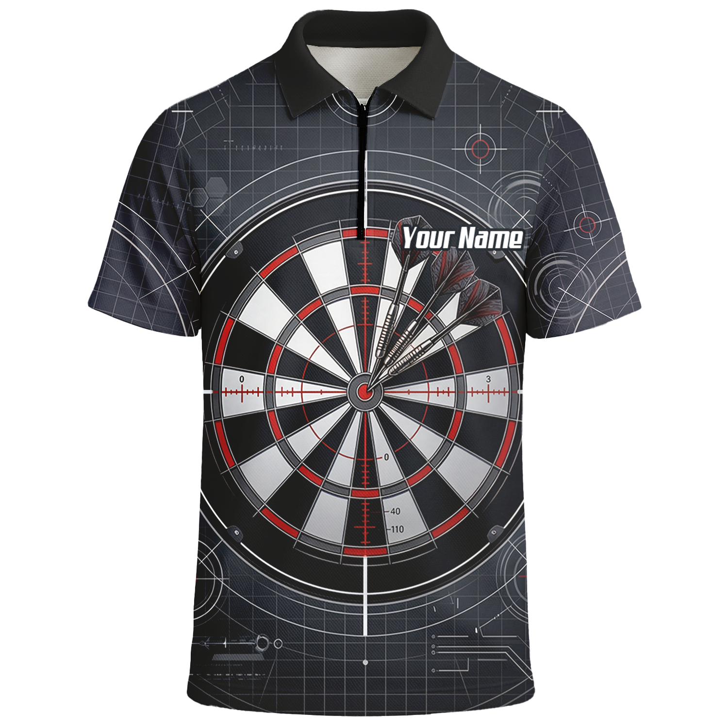 Personalised Dart Jersey for Men Custom Dartboard Graphic Polo Shirt Black Red Technical Design K9046