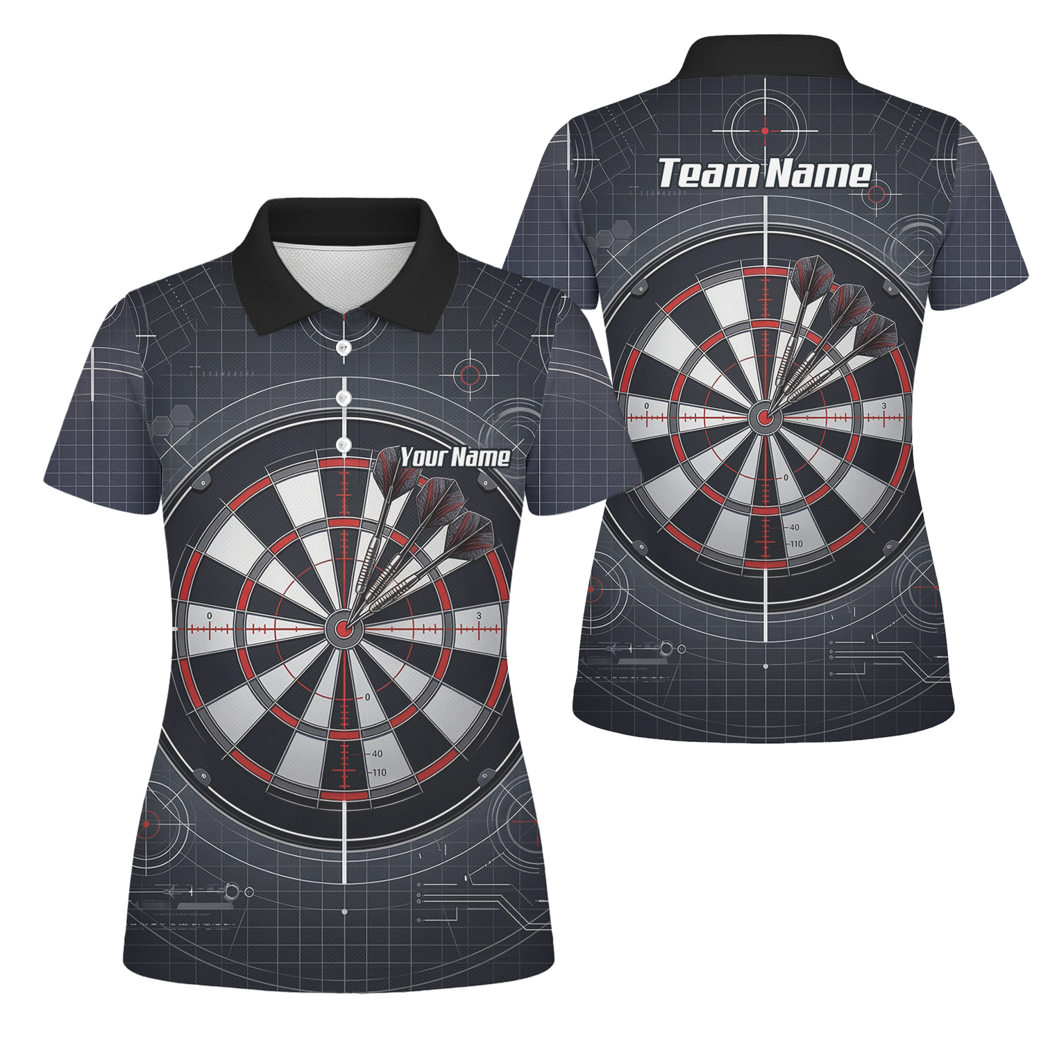 Personalised Dart Jersey for Women Custom Dartboard Graphic Polo Shirt Black Red Technical Design K9046