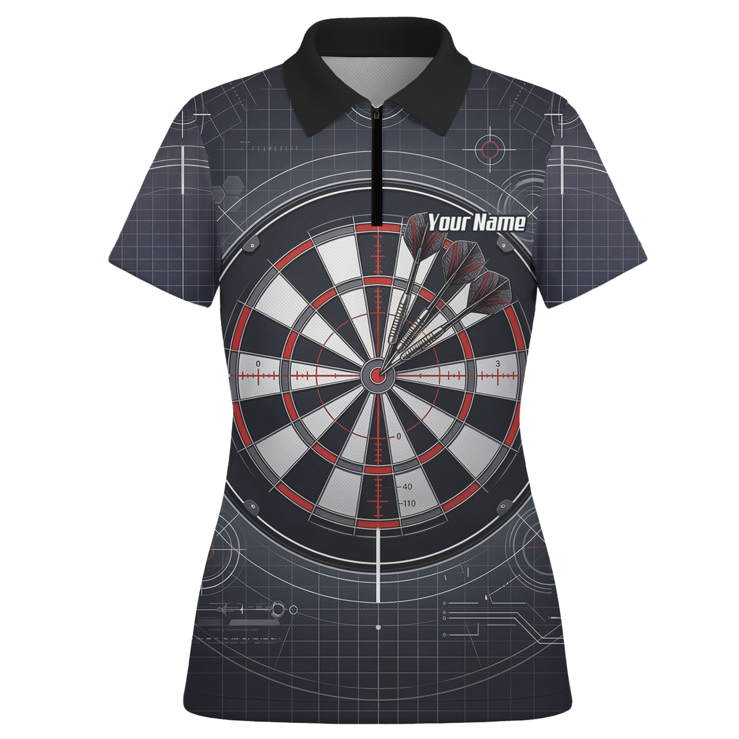 Personalised Dart Jersey for Women Custom Dartboard Graphic Polo Shirt Black Red Technical Design K9046