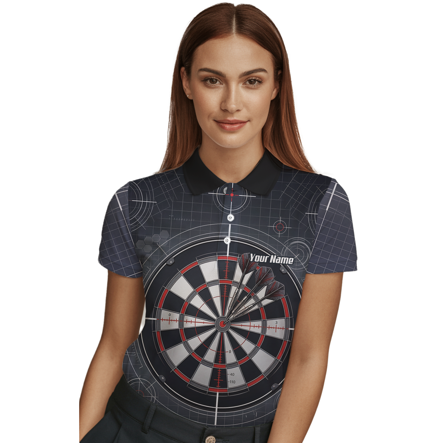 Personalised Dart Jersey for Women Custom Dartboard Graphic Polo Shirt Black Red Technical Design K9046