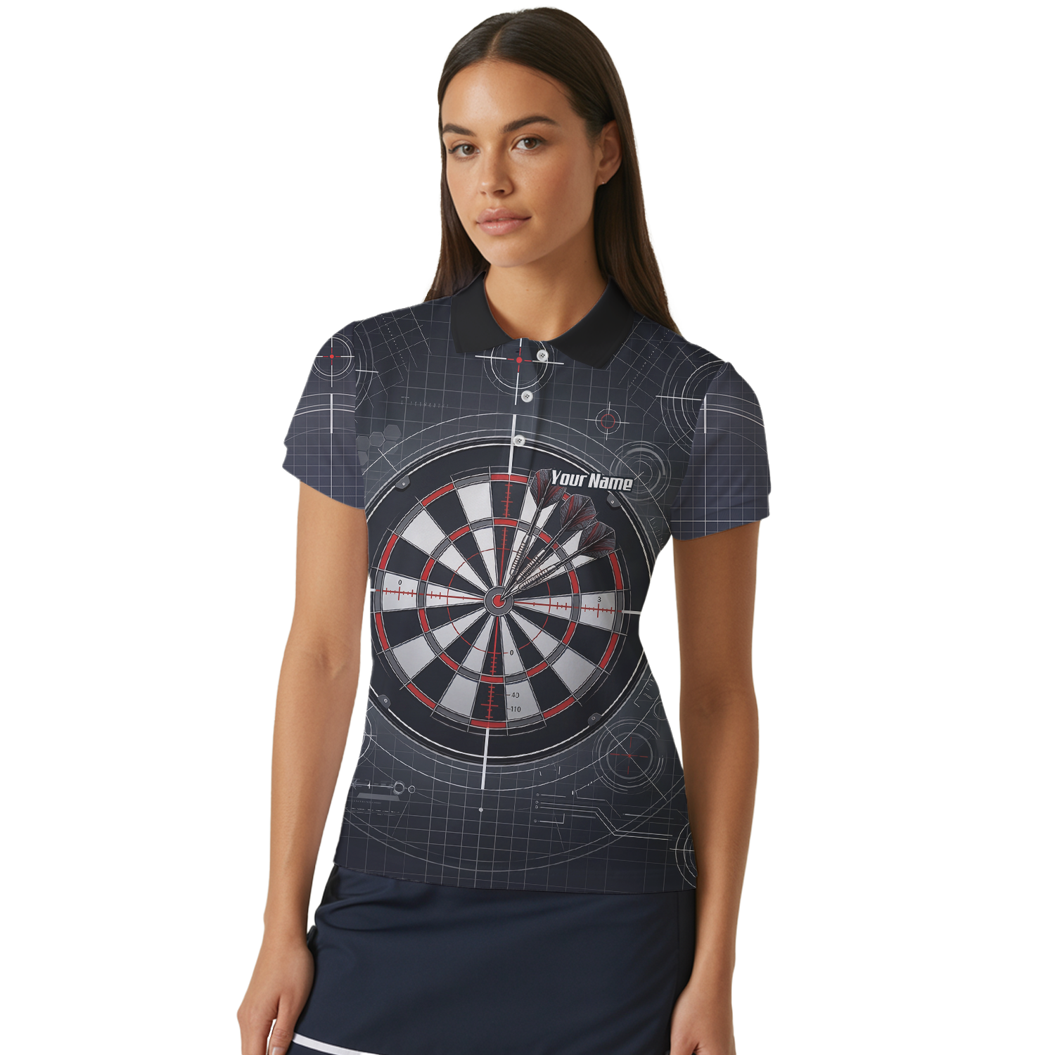 Personalised Dart Jersey for Women Custom Dartboard Graphic Polo Shirt Black Red Technical Design K9046