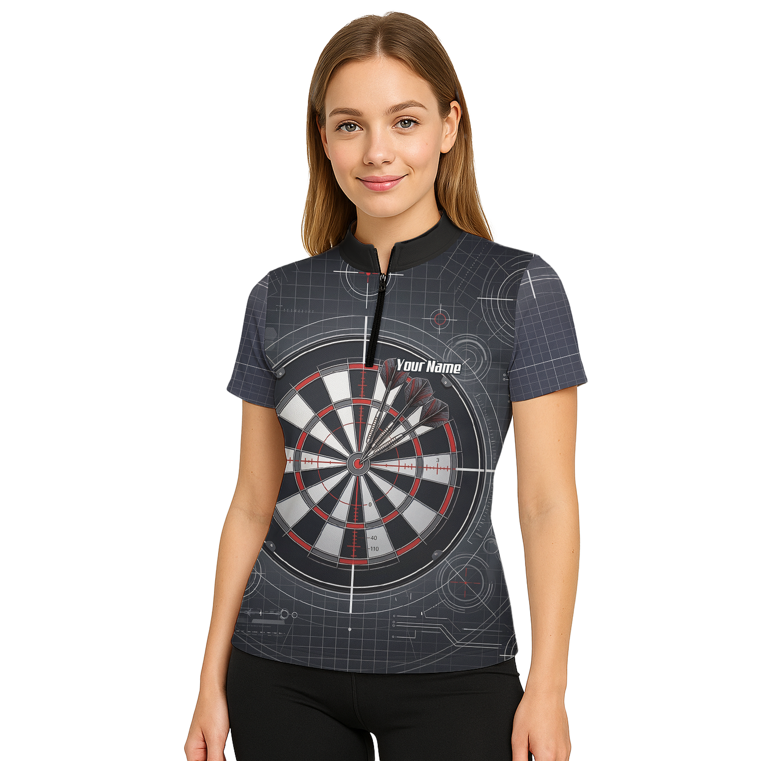 Personalised Dart Jersey for Women Custom Dartboard Graphic Polo Shirt Black Red Technical Design K9046