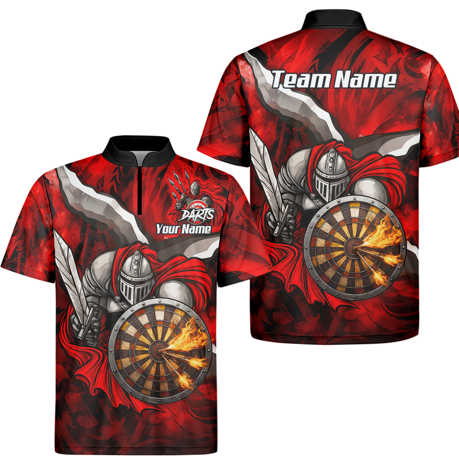 Personalised Knight Warrior Dart Jersey Red Black Polo and Zipper For Men KN1834