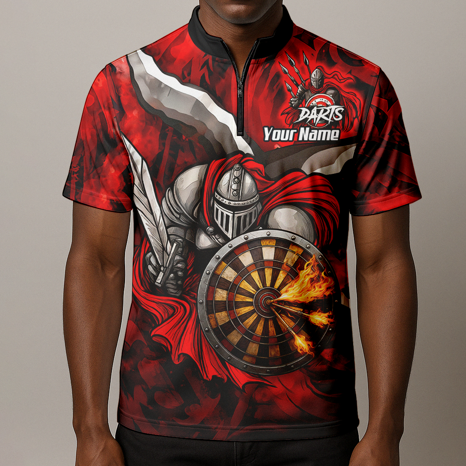 Personalised Knight Warrior Dart Jersey Red Black Polo and Zipper For Men KN1834