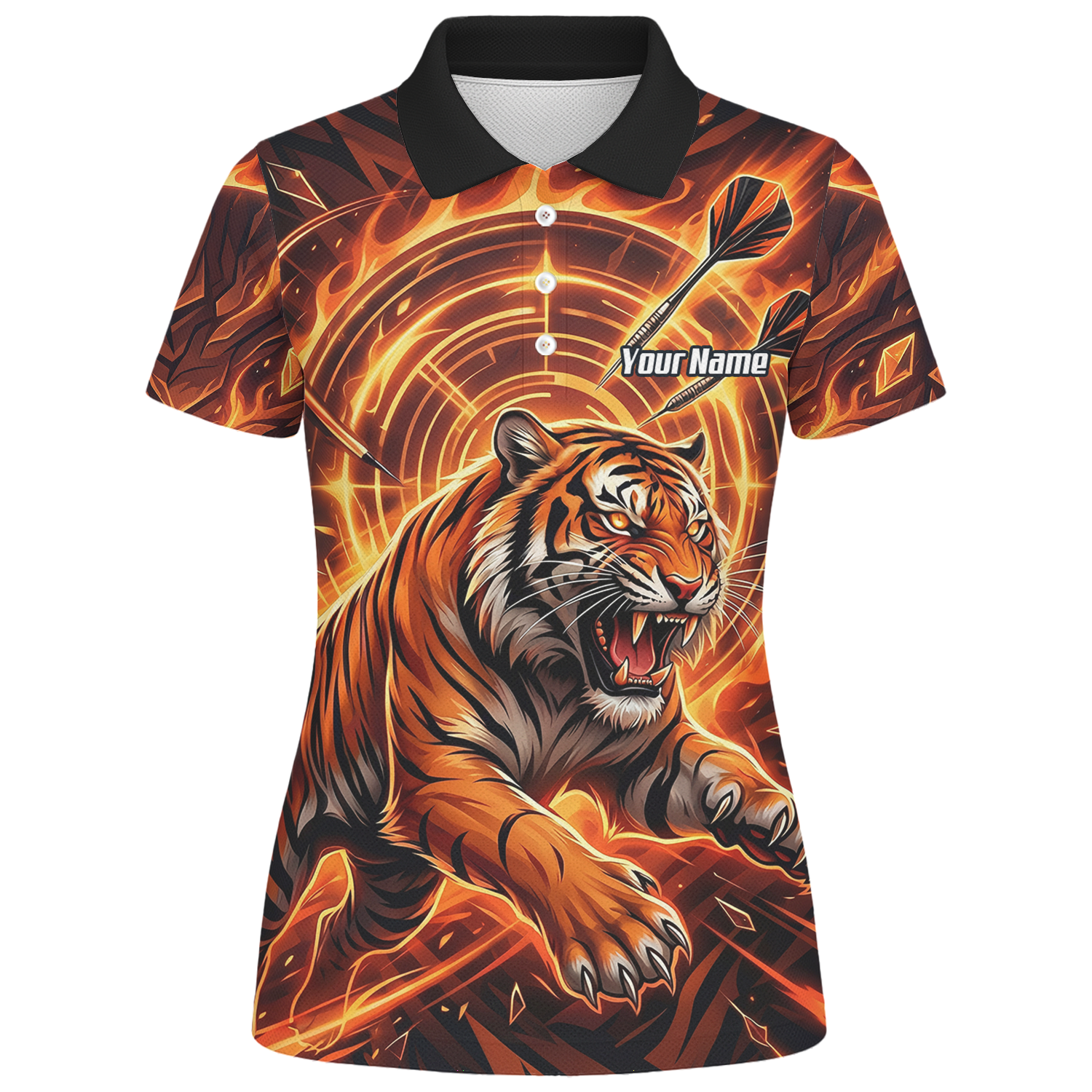 Personalised Women's Tiger Fire Dart Jersey Custom Name Team Polo Shirt Orange Black L1425