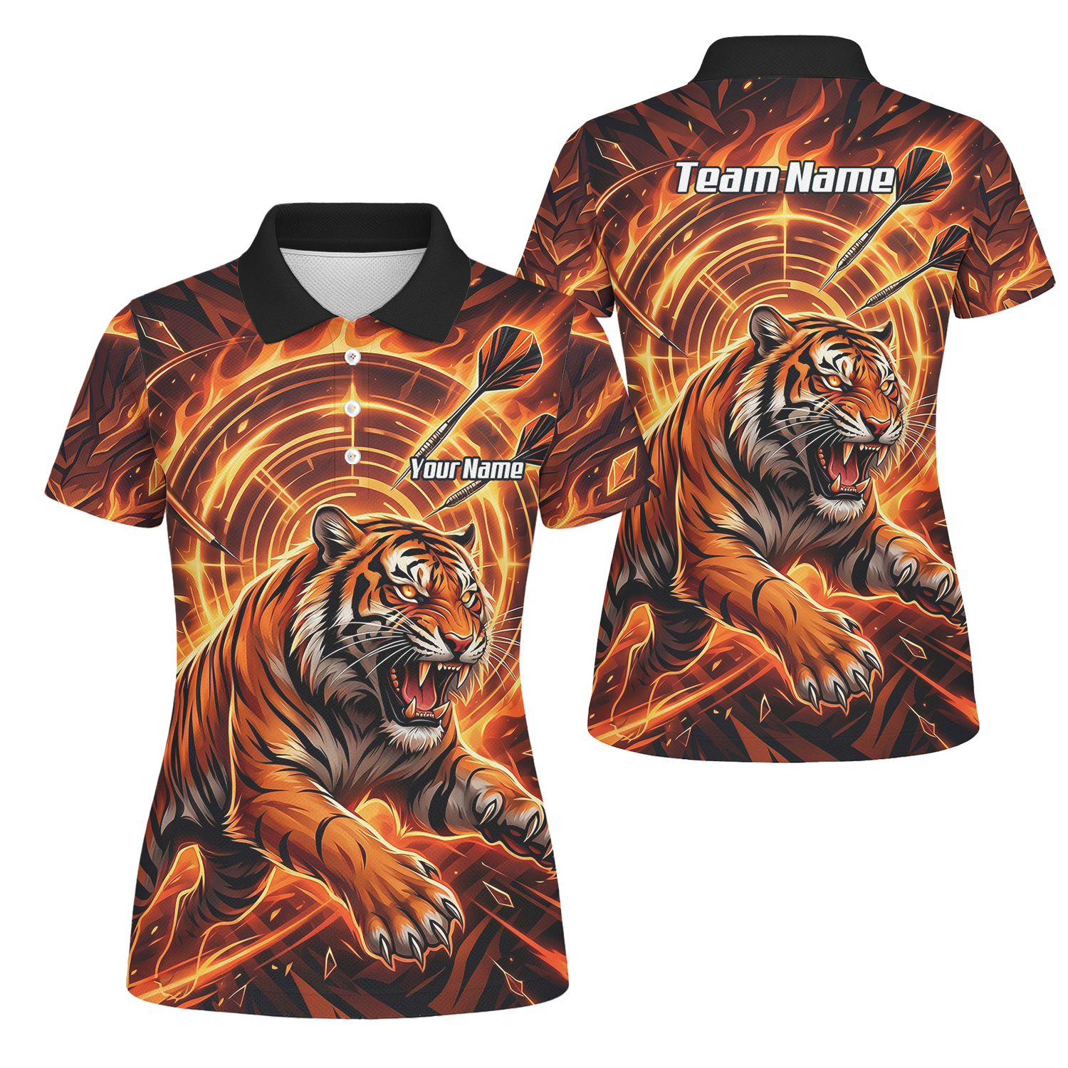 Personalised Women's Tiger Fire Dart Jersey Custom Name Team Polo Shirt Orange Black L1425