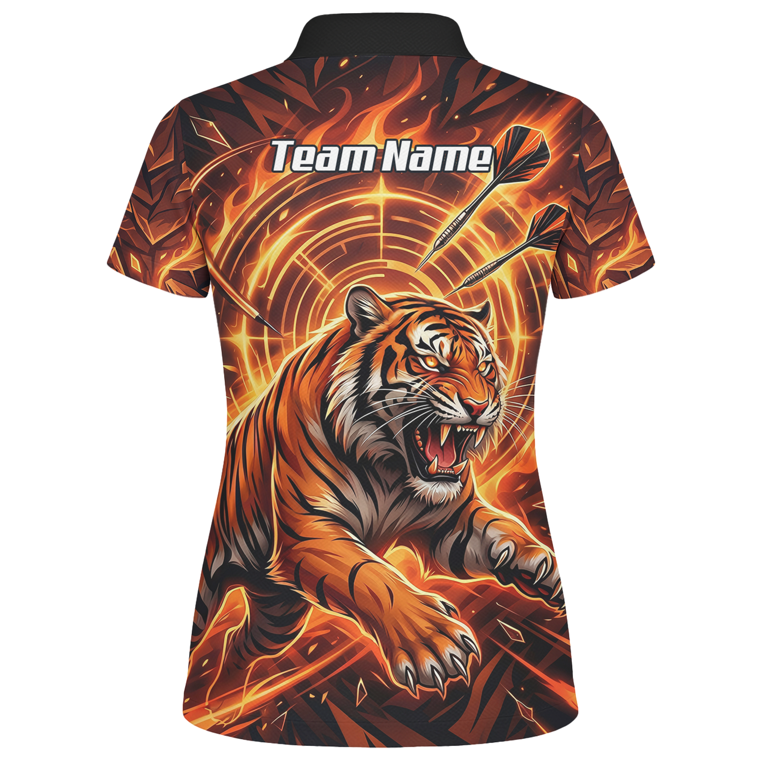 Personalised Women's Tiger Fire Dart Jersey Custom Name Team Polo Shirt Orange Black L1425