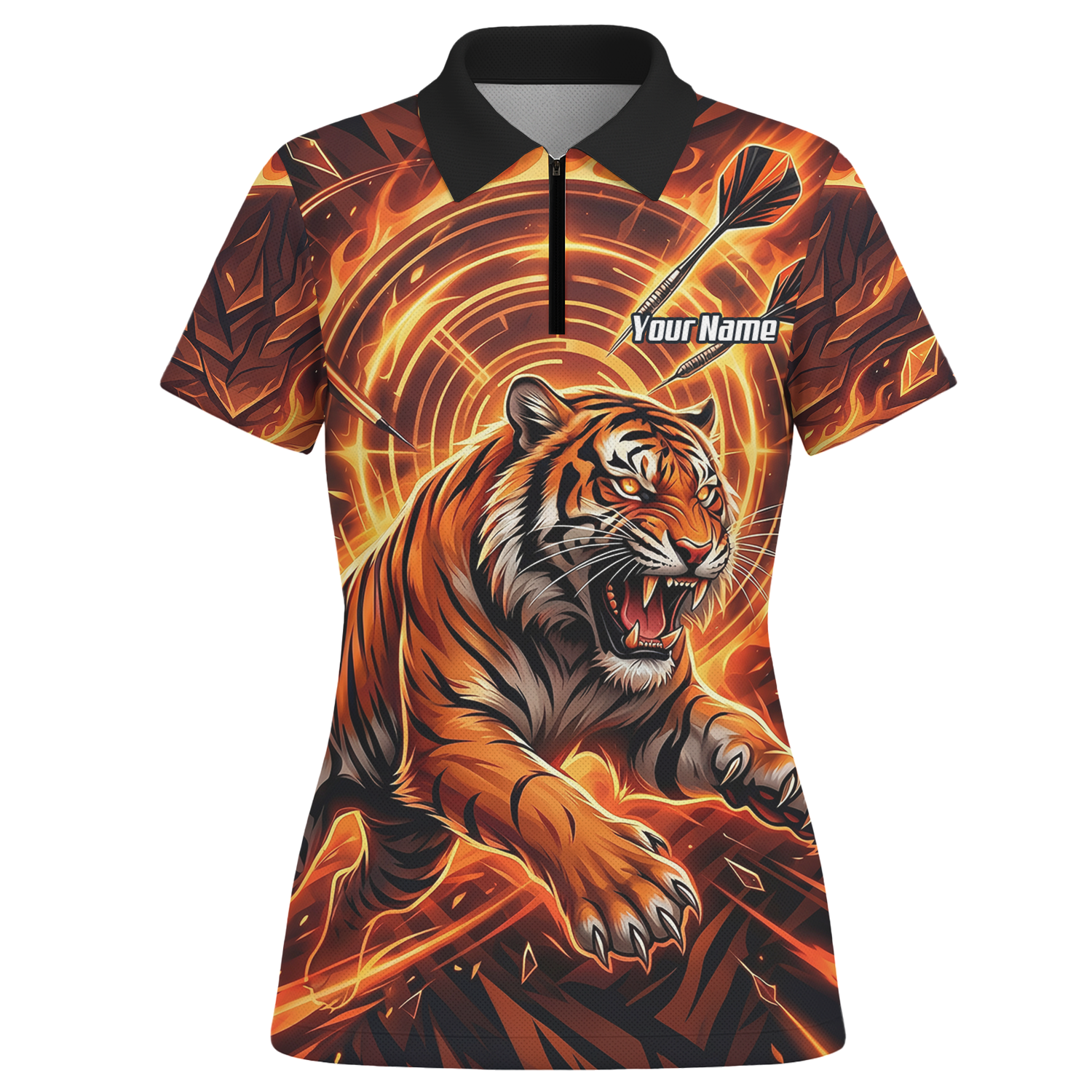 Personalised Women's Tiger Fire Dart Jersey Custom Name Team Polo Shirt Orange Black L1425