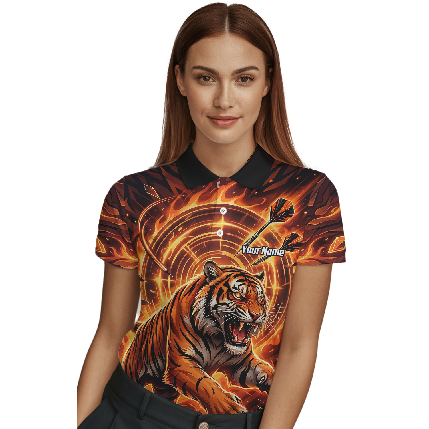 Personalised Women's Tiger Fire Dart Jersey Custom Name Team Polo Shirt Orange Black L1425
