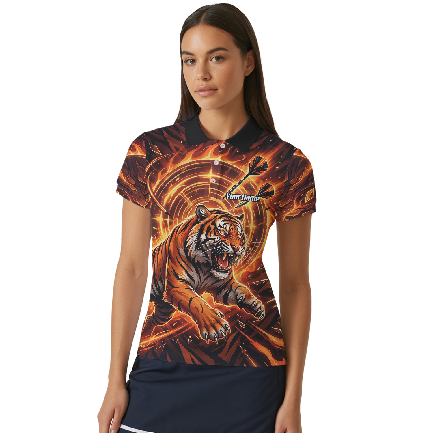 Personalised Women's Tiger Fire Dart Jersey Custom Name Team Polo Shirt Orange Black L1425