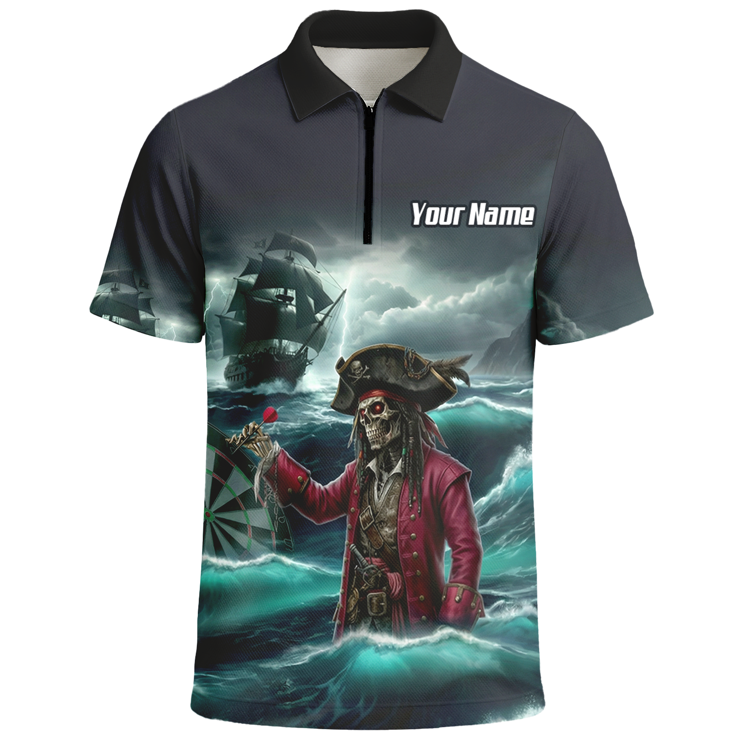 Personalised Pirate Skeleton Dart Jersey Polo and Zipper For Men Custom Ghost Ship Blue Black L3926 - Polo -w Zipper Yes