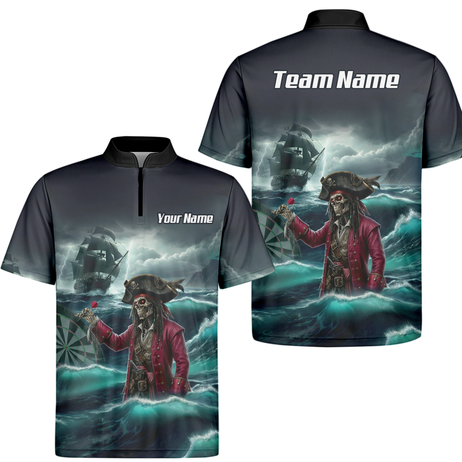 Personalised Pirate Skeleton Dart Jersey Polo and Zipper For Men Custom Ghost Ship Blue Black L3926 - Zipper Yes