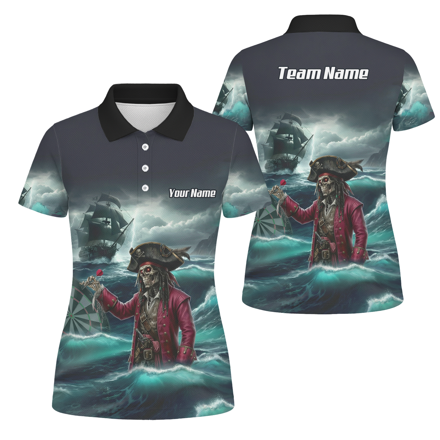 Personalised Pirate Skeleton Dart Jersey Polo and Zipper For Women Custom Ghost Ship Blue Black L3926 - Polo Yes
