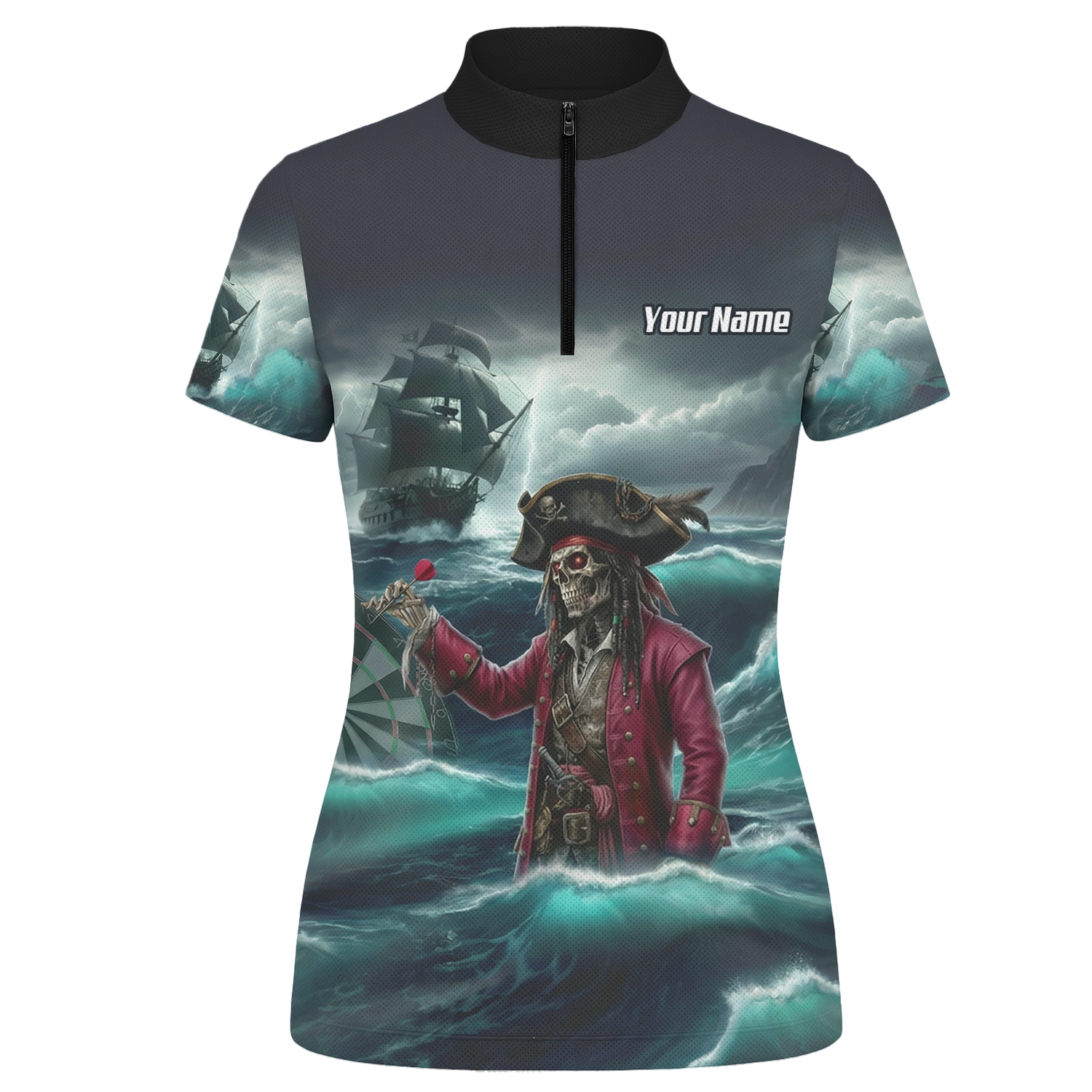 Personalised Pirate Skeleton Dart Jersey Polo and Zipper For Women Custom Ghost Ship Blue Black L3926 - Zipper Yes