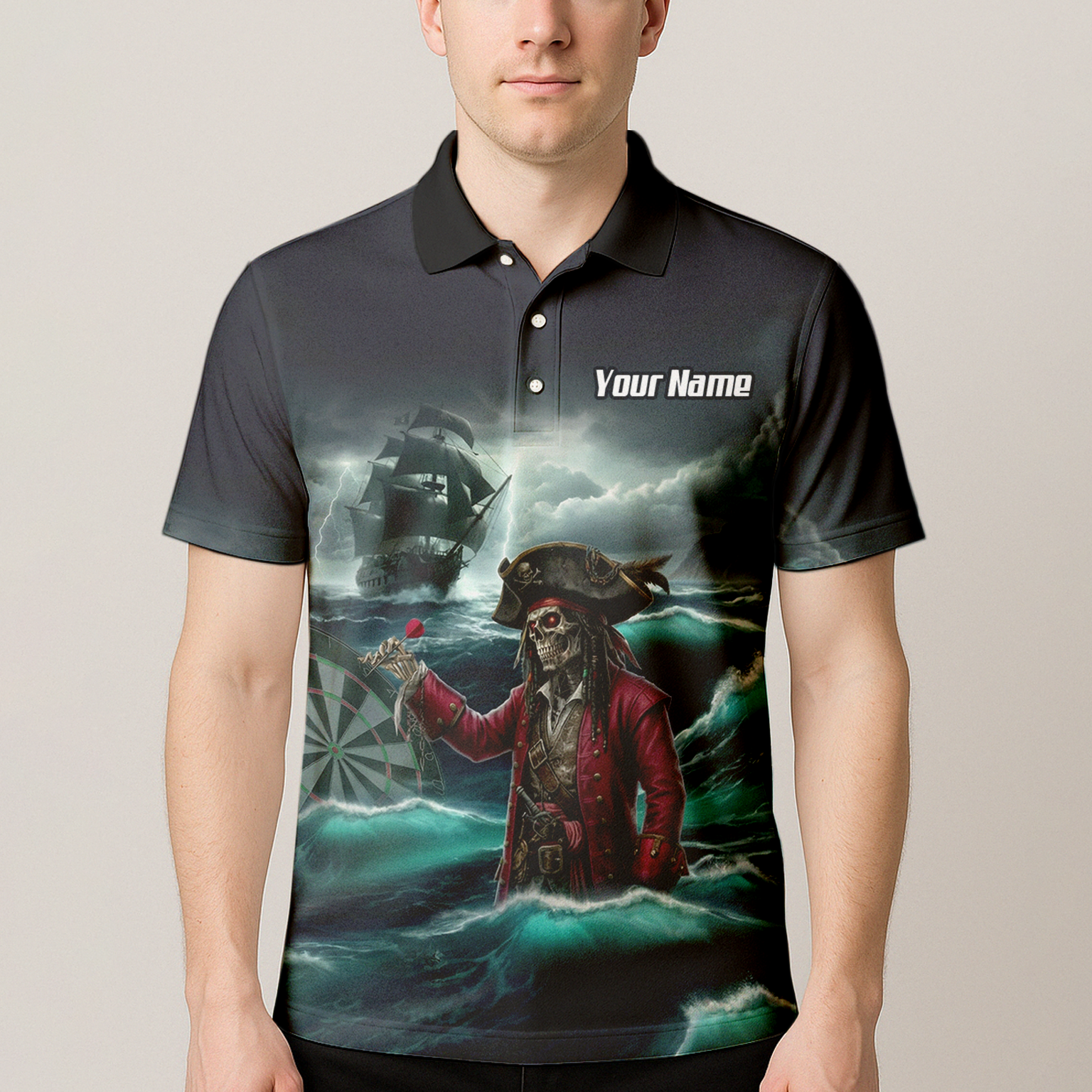 Personalised Pirate Skeleton Dart Jersey Polo and Zipper For Men Custom Ghost Ship Blue Black L3926