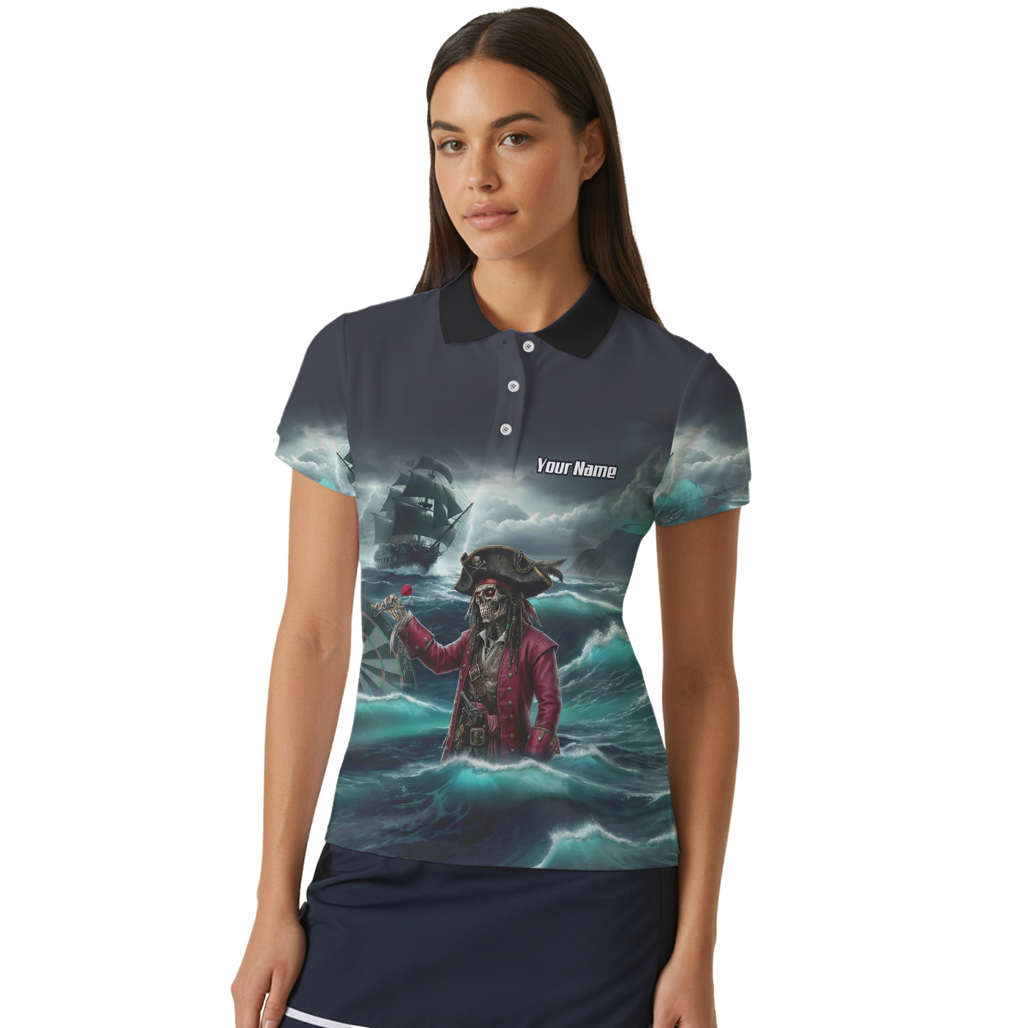Personalised Pirate Skeleton Dart Jersey Polo and Zipper For Women Custom Ghost Ship Blue Black L3926