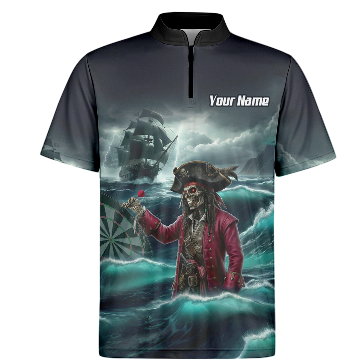 Personalised Pirate Skeleton Dart Jersey Polo and Zipper For Men Custom Ghost Ship Blue Black L3926