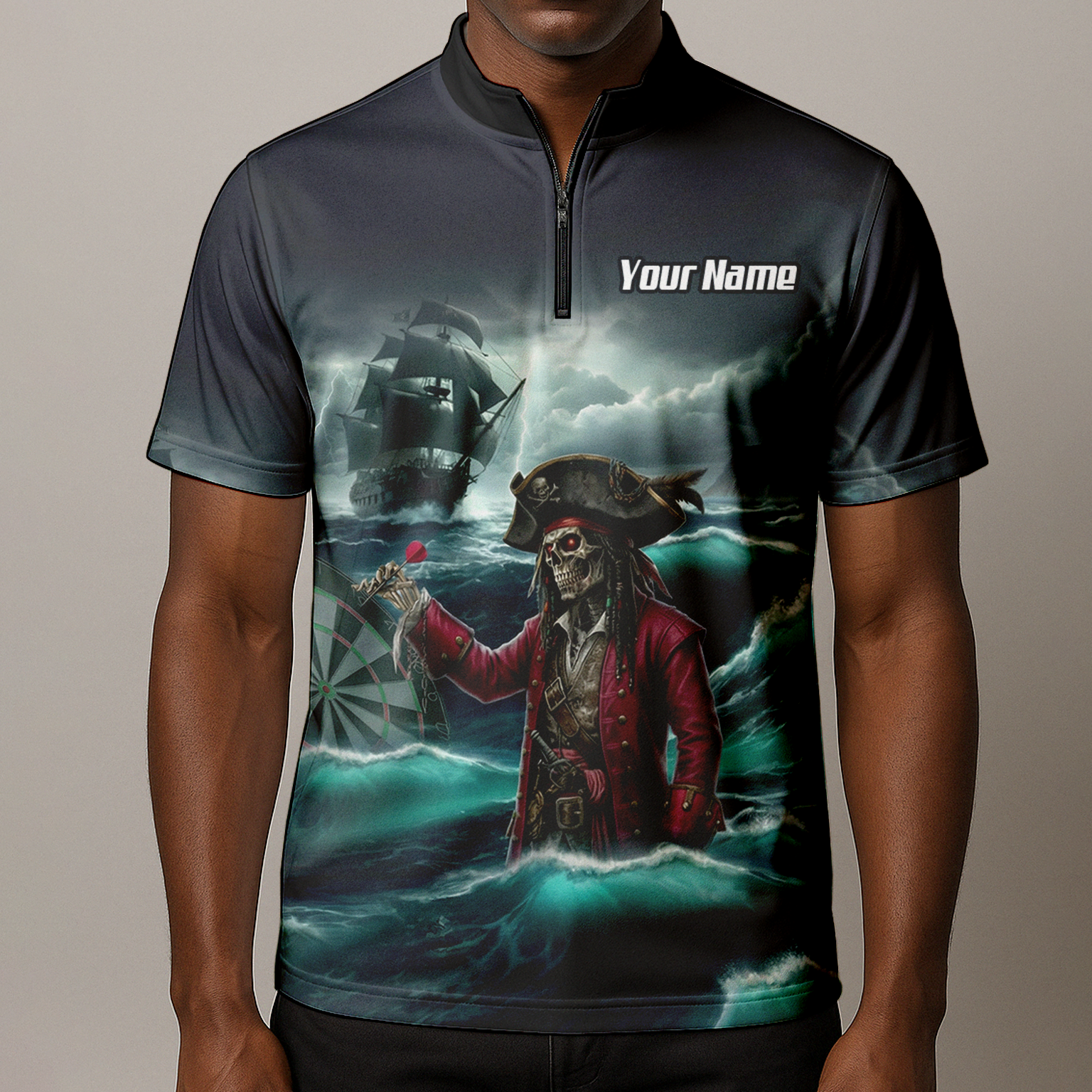 Personalised Pirate Skeleton Dart Jersey Polo and Zipper For Men Custom Ghost Ship Blue Black L3926