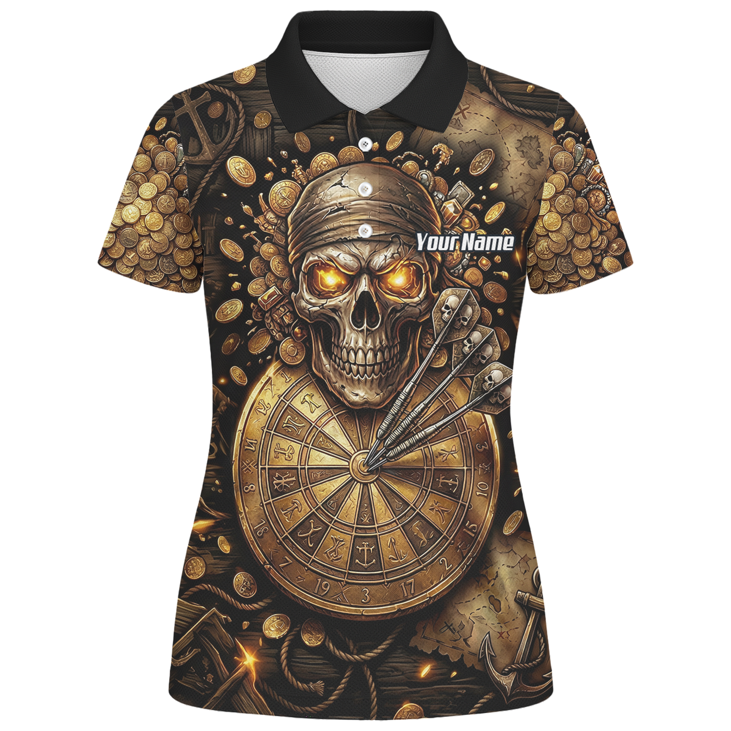 Personalised Pirate Skull Dart Jersey for Women Custom Gold Treasure Dart Shirt Polo L4232