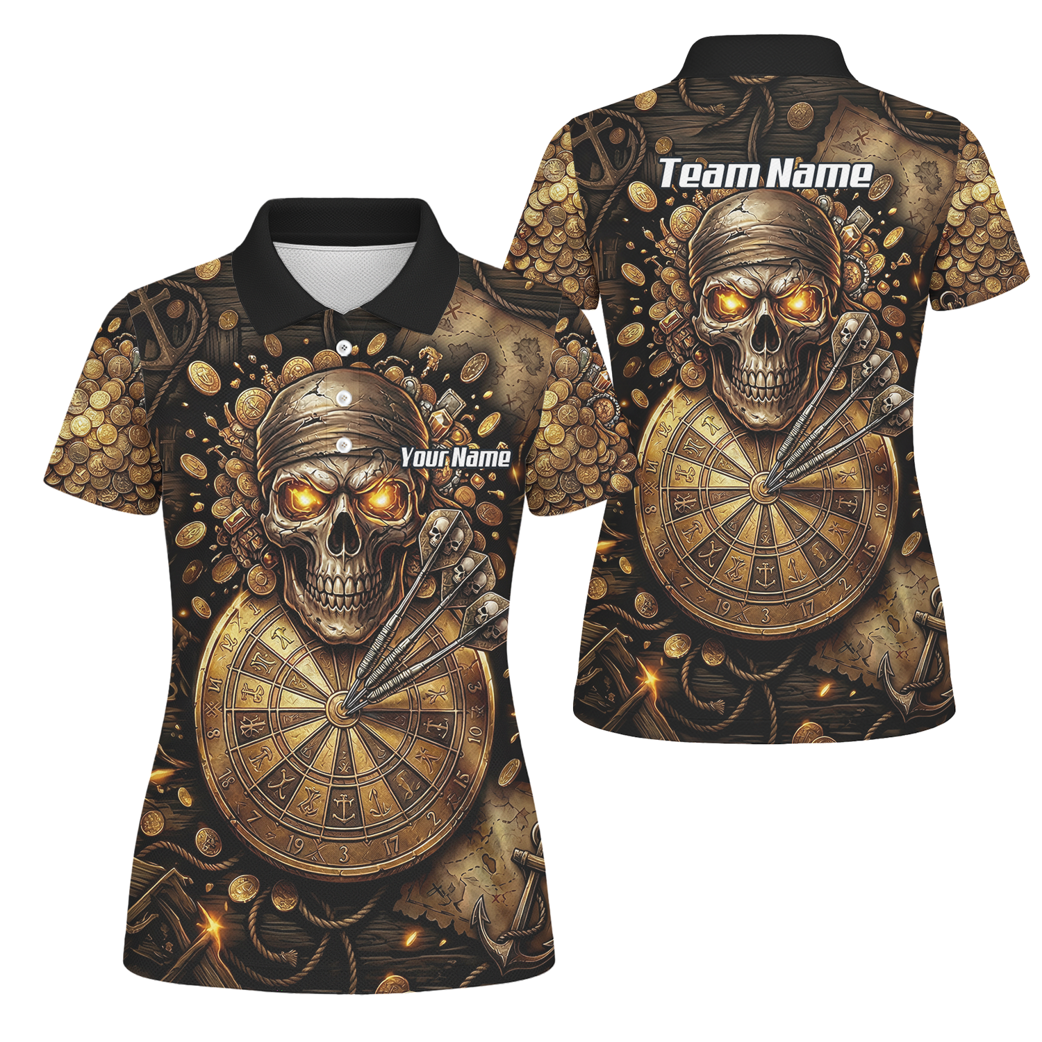 Personalised Pirate Skull Dart Jersey for Women Custom Gold Treasure Dart Shirt Polo L4232