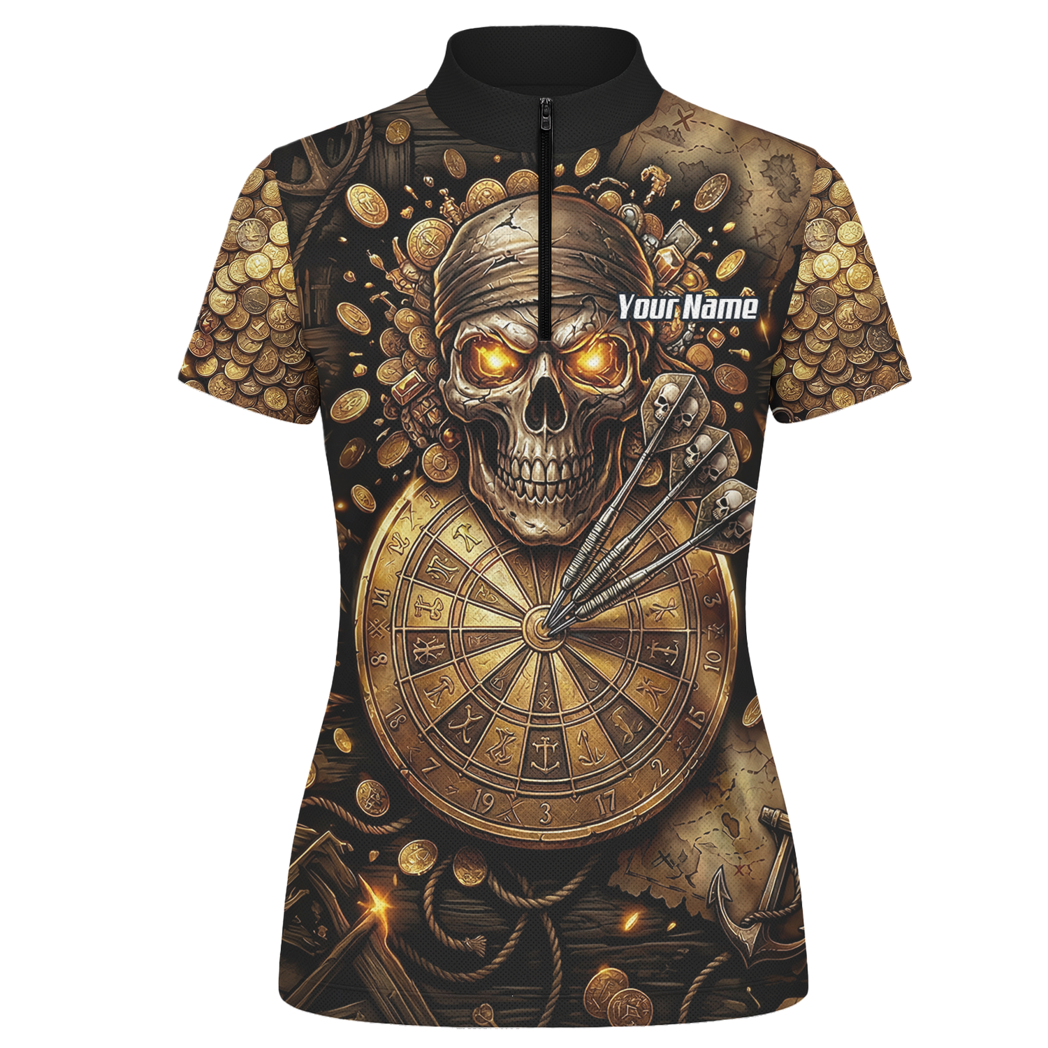 Personalised Pirate Skull Dart Jersey for Women Custom Gold Treasure Dart Shirt Polo L4232