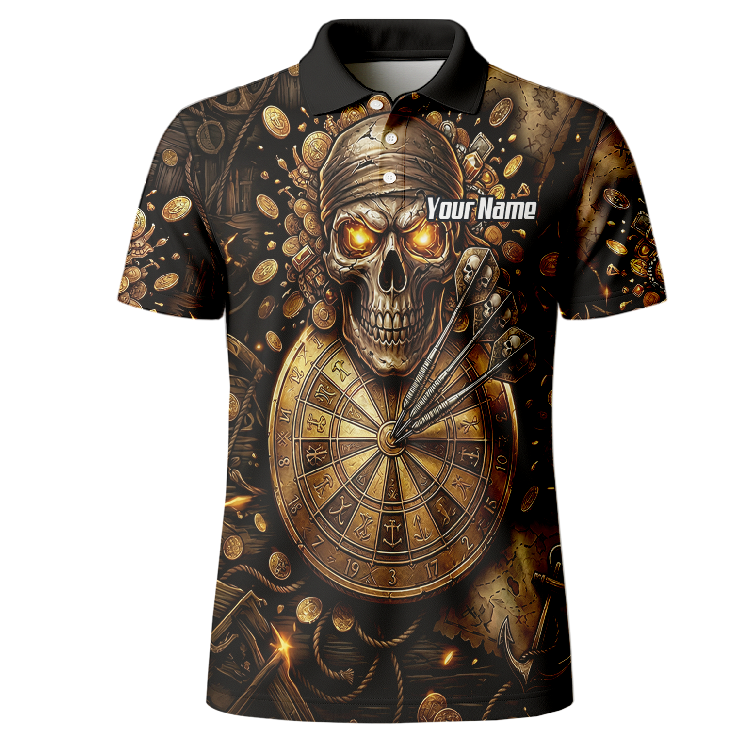 Personalised Pirate Skull Dart Jersey for Men Custom Gold Treasure Dart Shirt Polo L4232