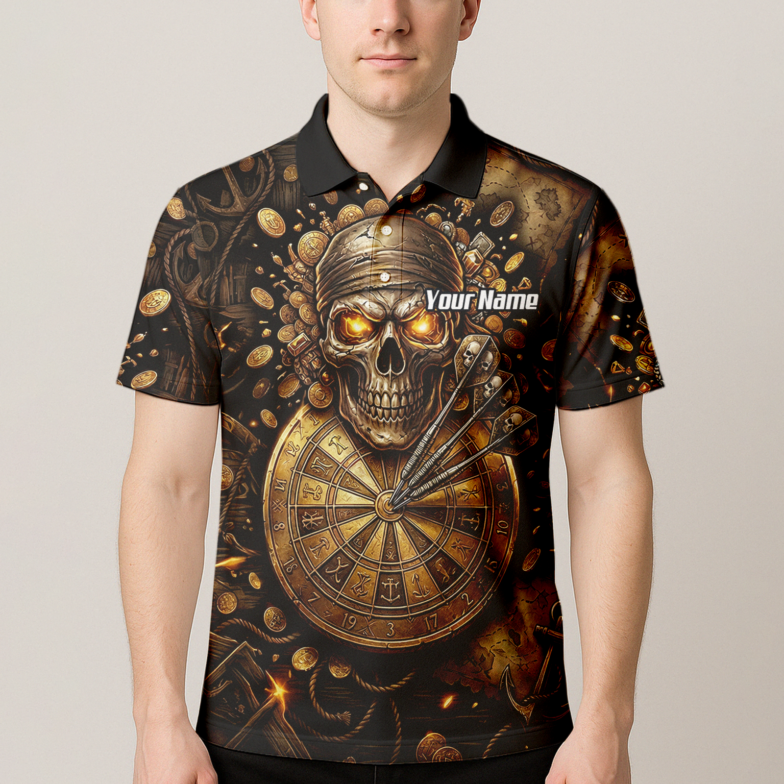 Personalised Pirate Skull Dart Jersey for Men Custom Gold Treasure Dart Shirt Polo L4232