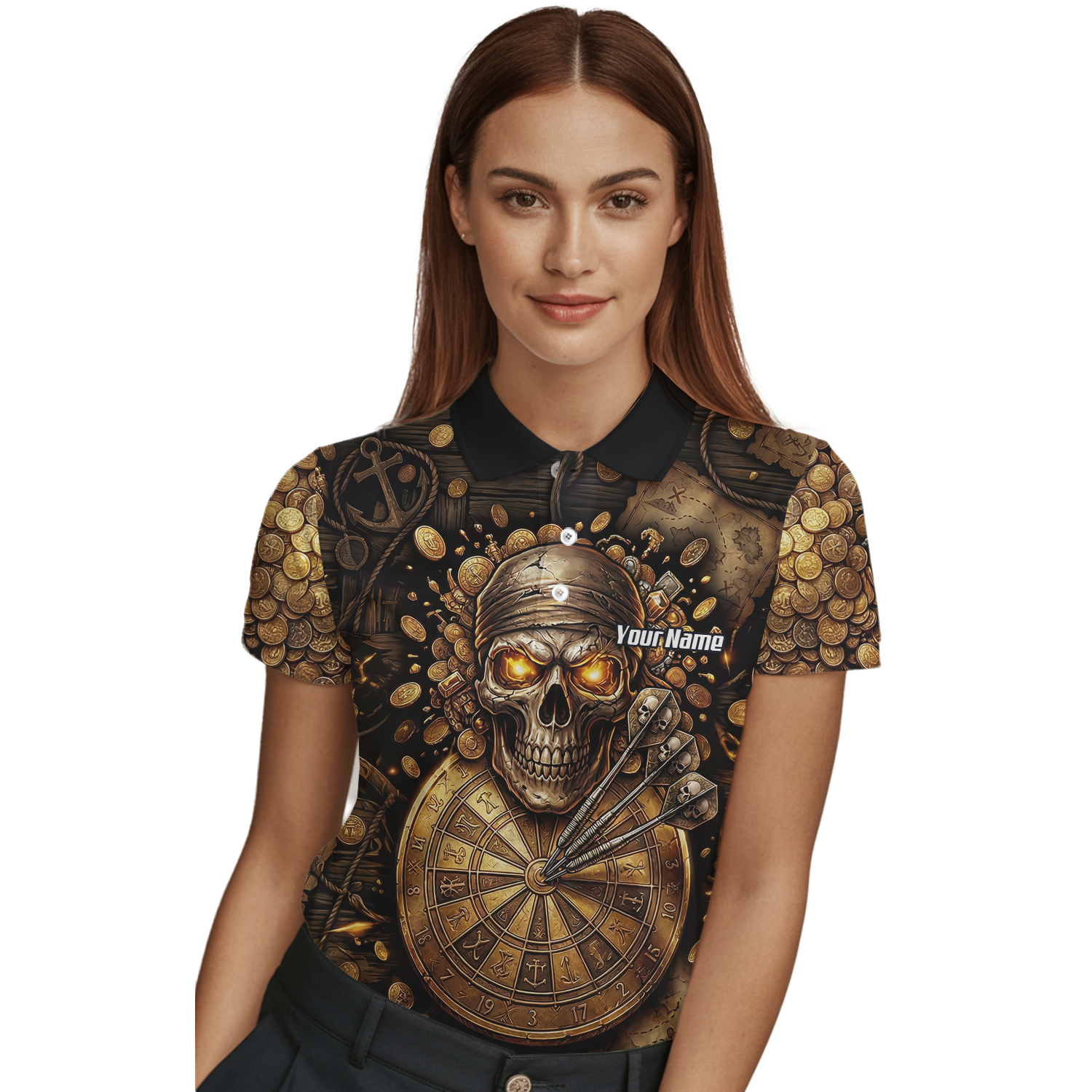 Personalised Pirate Skull Dart Jersey for Women Custom Gold Treasure Dart Shirt Polo L4232