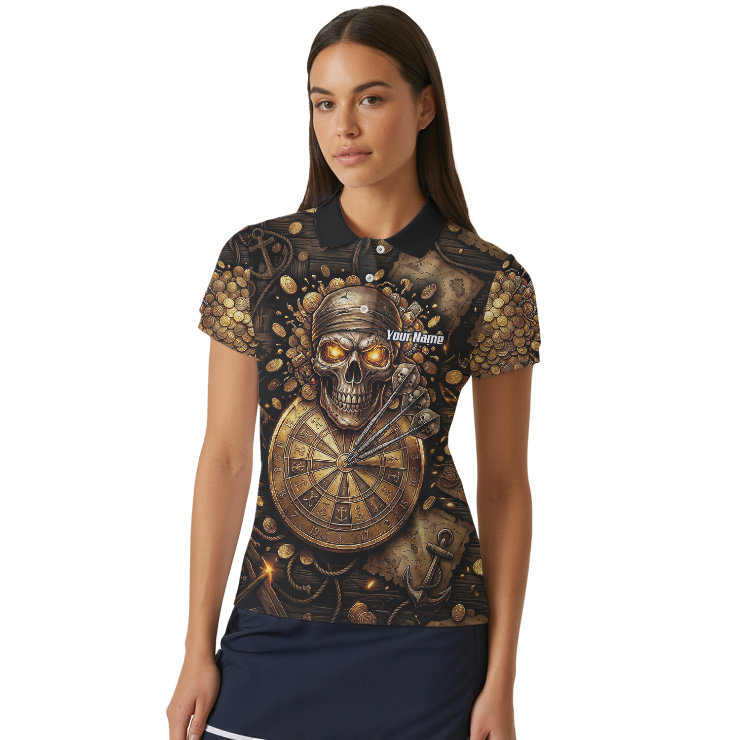 Personalised Pirate Skull Dart Jersey for Women Custom Gold Treasure Dart Shirt Polo L4232