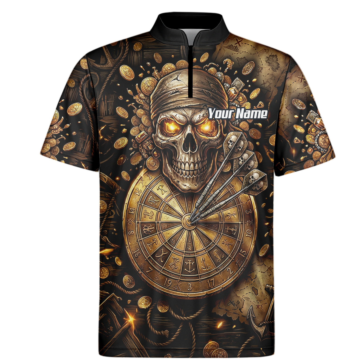 Personalised Pirate Skull Dart Jersey for Men Custom Gold Treasure Dart Shirt Polo L4232