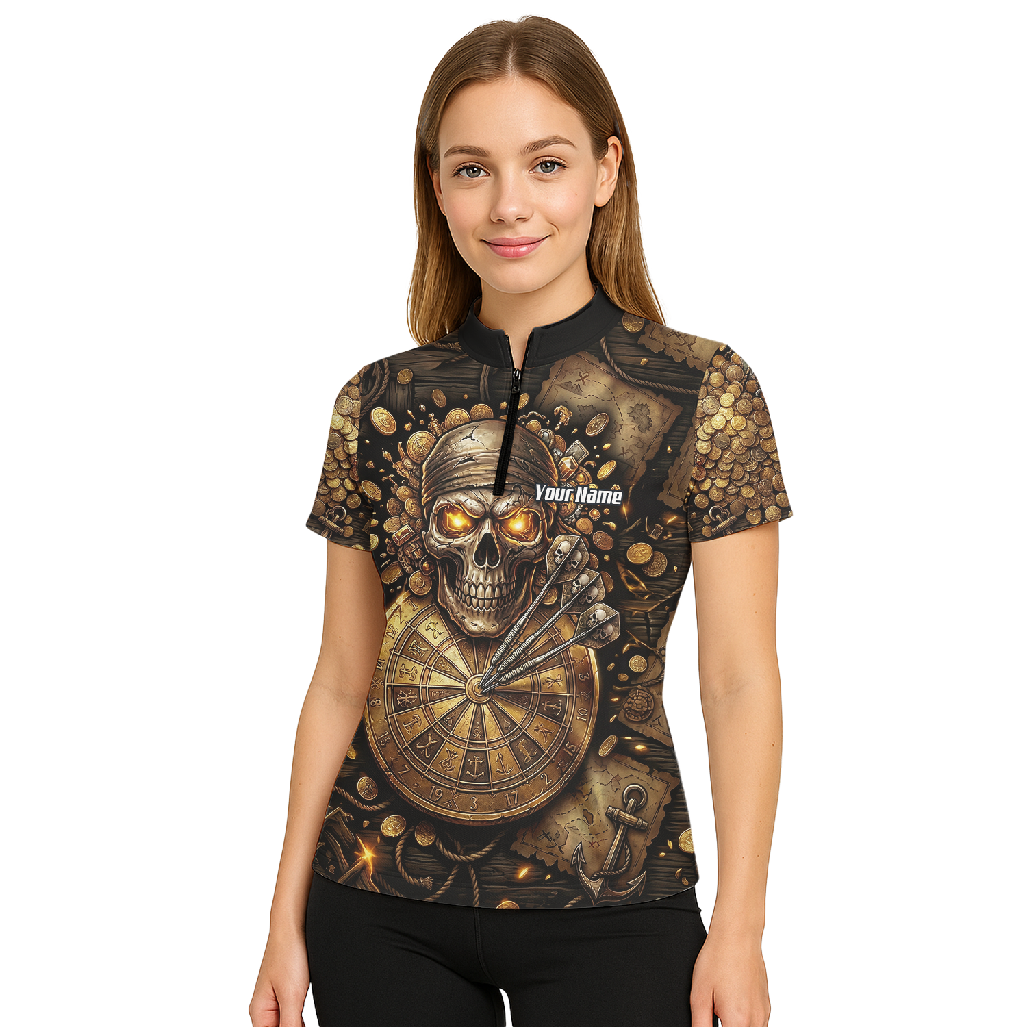 Personalised Pirate Skull Dart Jersey for Women Custom Gold Treasure Dart Shirt Polo L4232