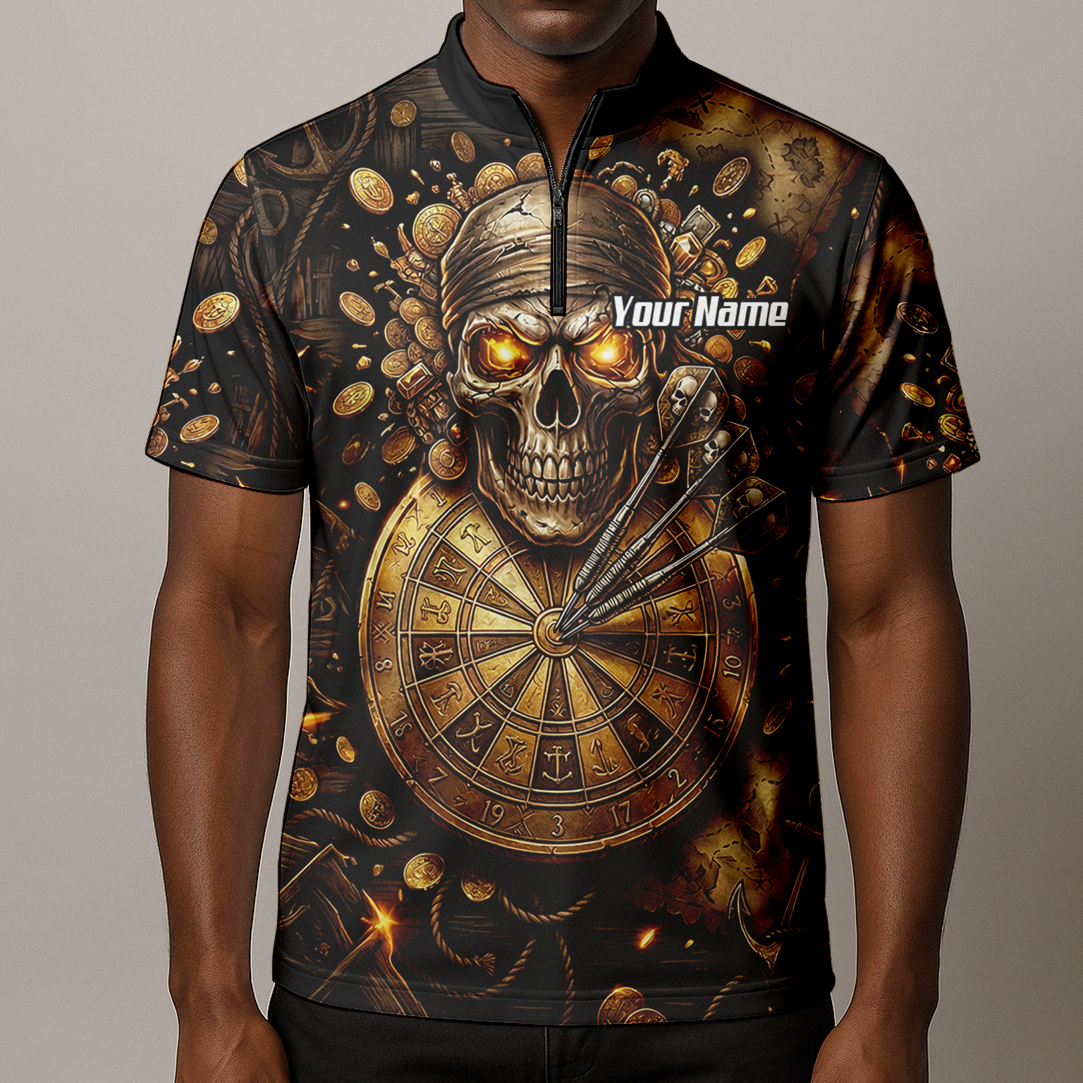 Personalised Pirate Skull Dart Jersey for Men Custom Gold Treasure Dart Shirt Polo L4232