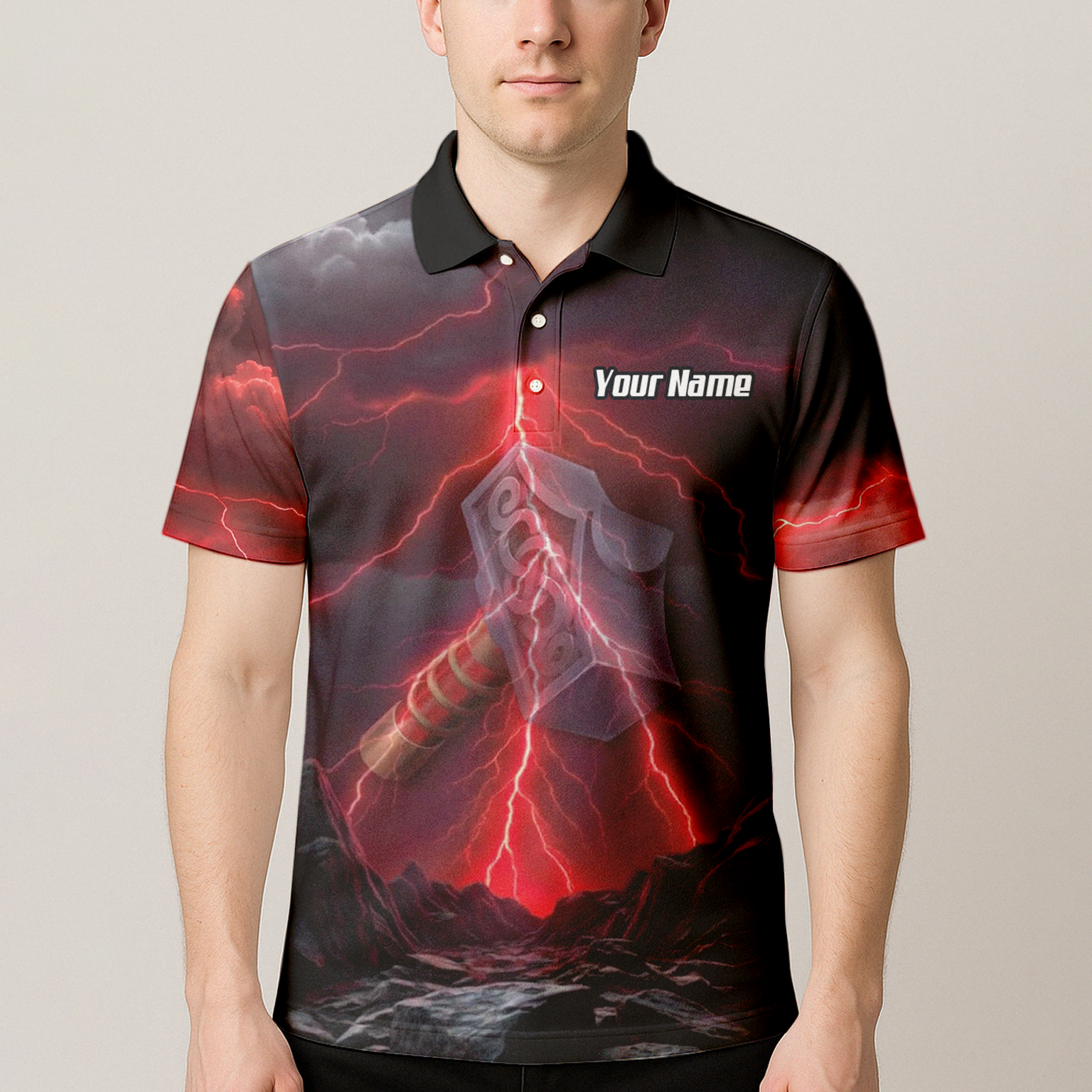 Personalised Viking Thor Hammer Dart Jersey Red Lightning Polo and Zipper For Men L4649