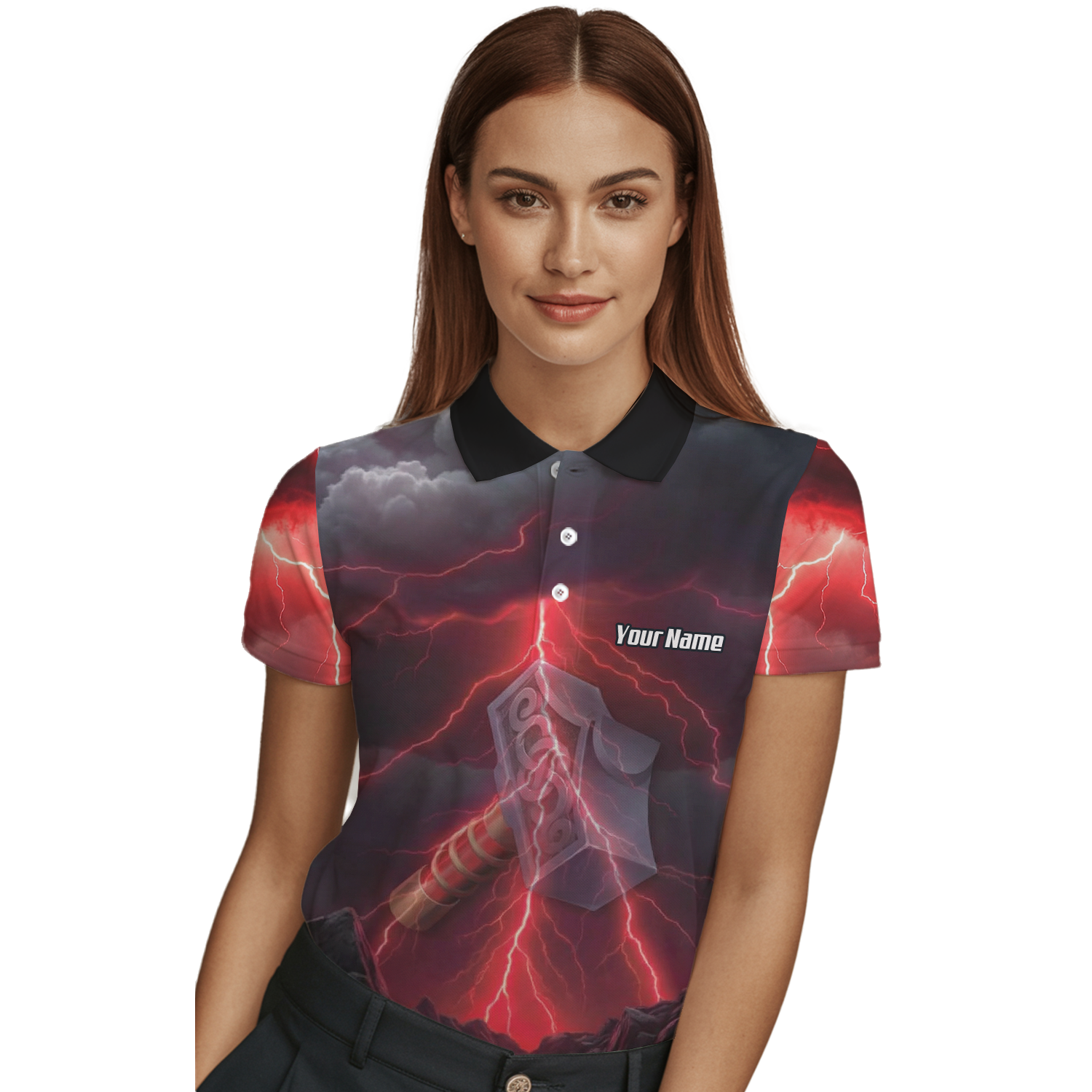 Personalised Viking Thor Hammer Dart Jersey Red Lightning Polo and Zipper For Women L4649