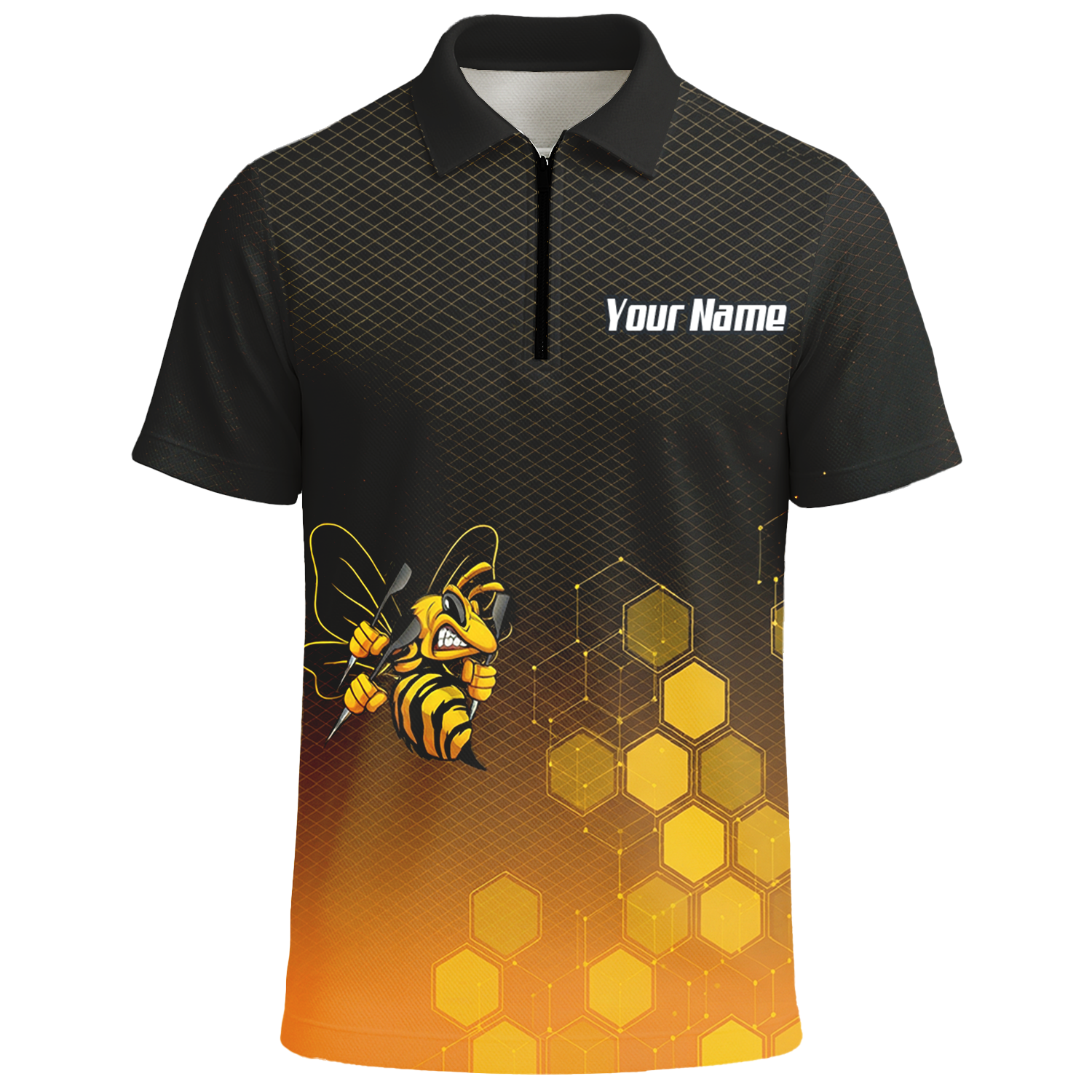 Personalised Hornet Wasp Dart Jersey Polo and Zipper Black Gold Honeycomb Custom Dart Shirt For Men L6754 - Polo -w Zipper Yes