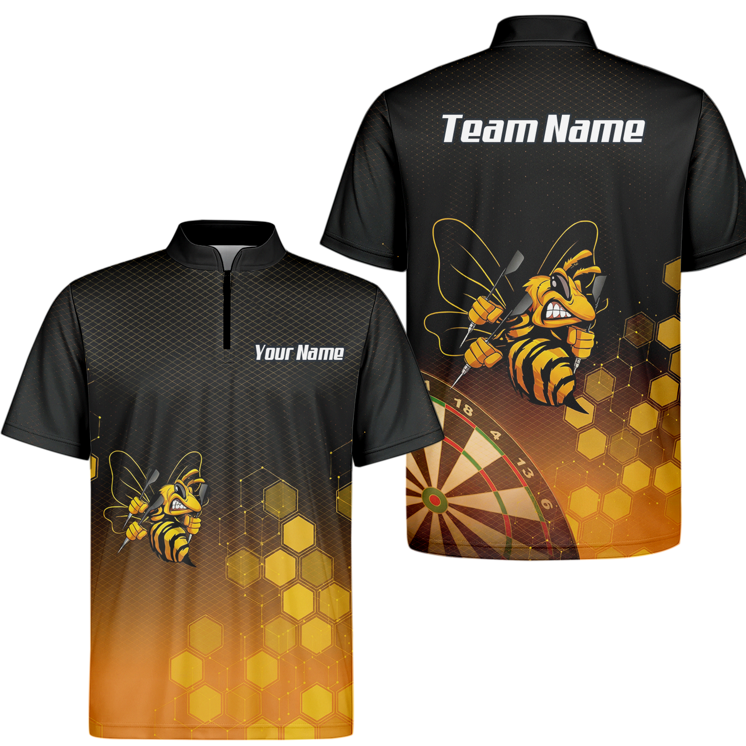 Personalised Hornet Wasp Dart Jersey Polo and Zipper Black Gold Honeycomb Custom Dart Shirt For Men L6754 - Zipper Yes