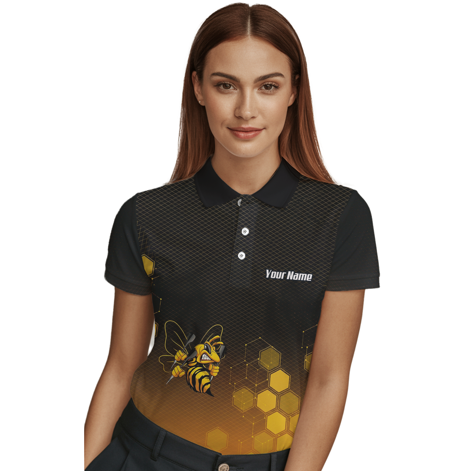 Personalised Hornet Wasp Dart Jersey Polo and Zipper Black Gold Honeycomb Custom Dart Shirt For Women L6754