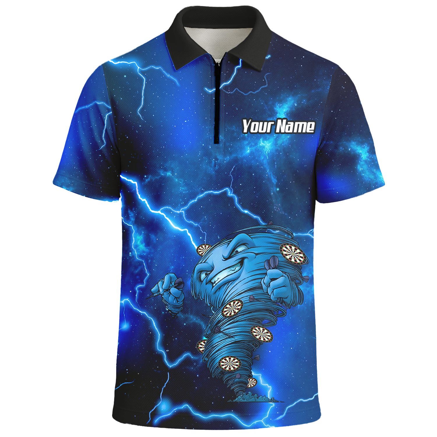 Custom Men's Darts Polo Shirt Personalized Performance Blue Lightning Tornado Galaxy Design LB3159 - Polo -w Zipper Yes