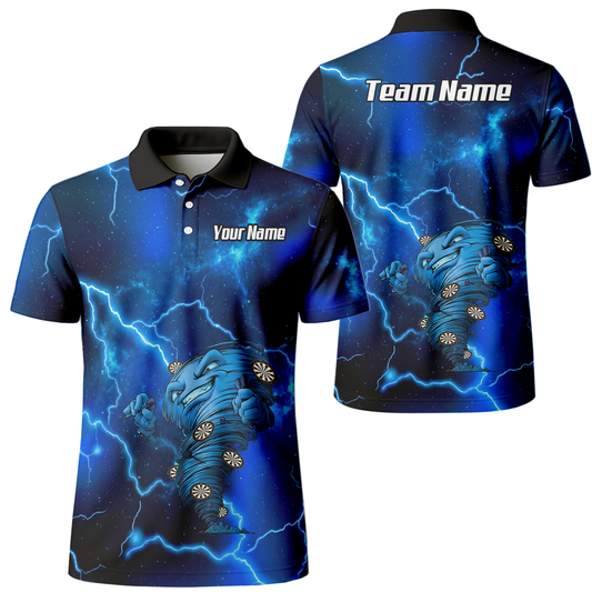 Custom Men's Darts Polo Shirt Personalized Performance Blue Lightning Tornado Galaxy Design LB3159 - Polo Yes