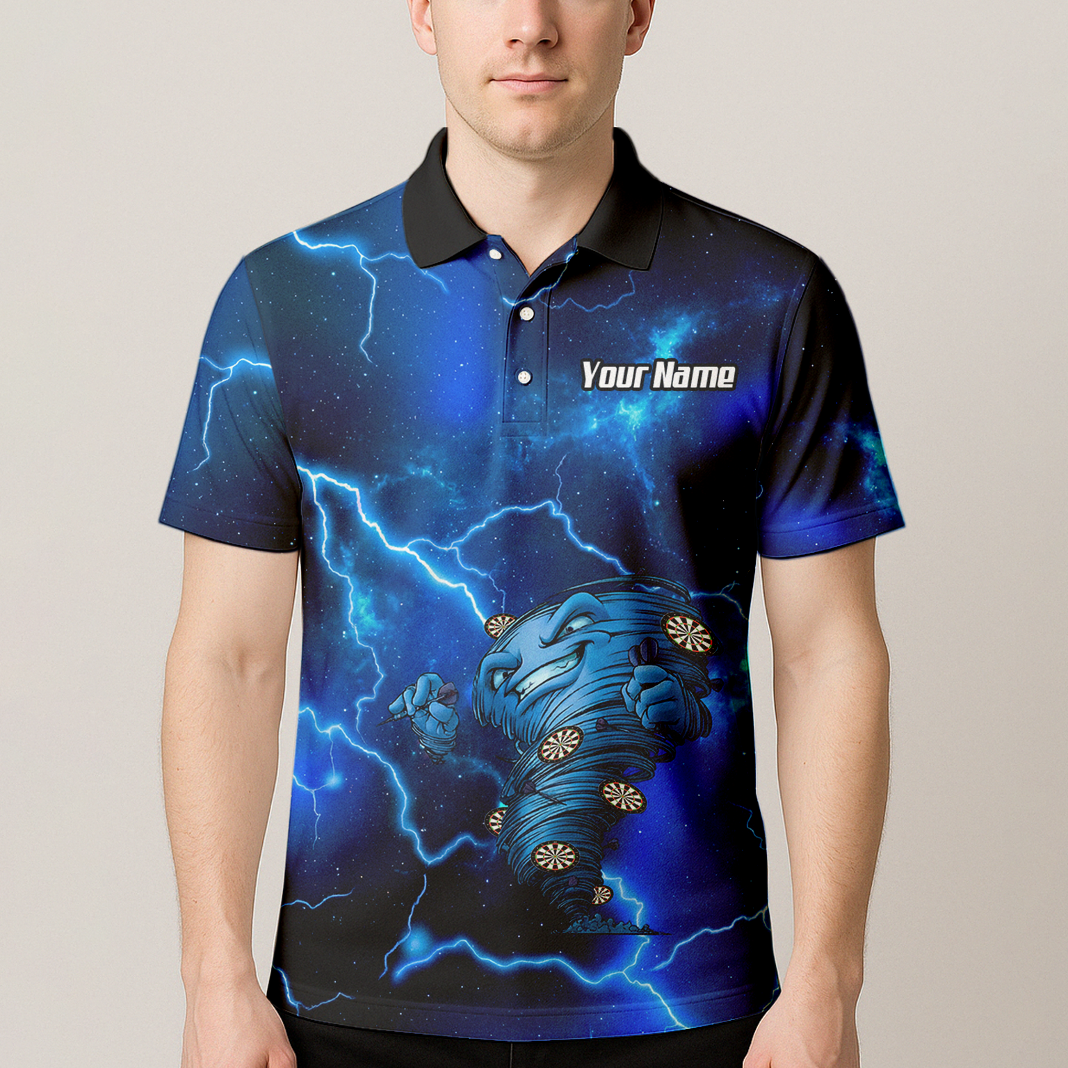 Custom Men's Darts Polo Shirt Personalized Performance Blue Lightning Tornado Galaxy Design LB3159