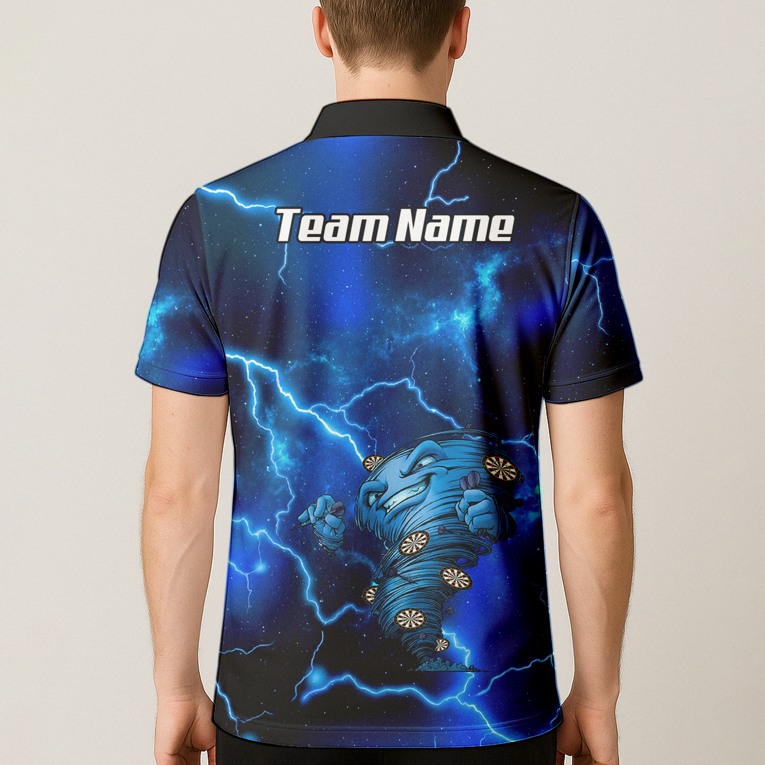 Custom Men's Darts Polo Shirt Personalized Performance Blue Lightning Tornado Galaxy Design LB3159